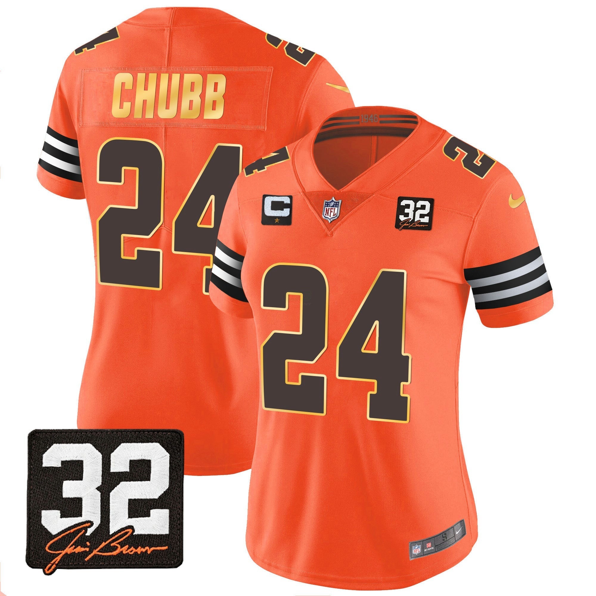 Camisa NFL Women’s #32 Jim Brown Memorial Patch Dourada Trim Jersey