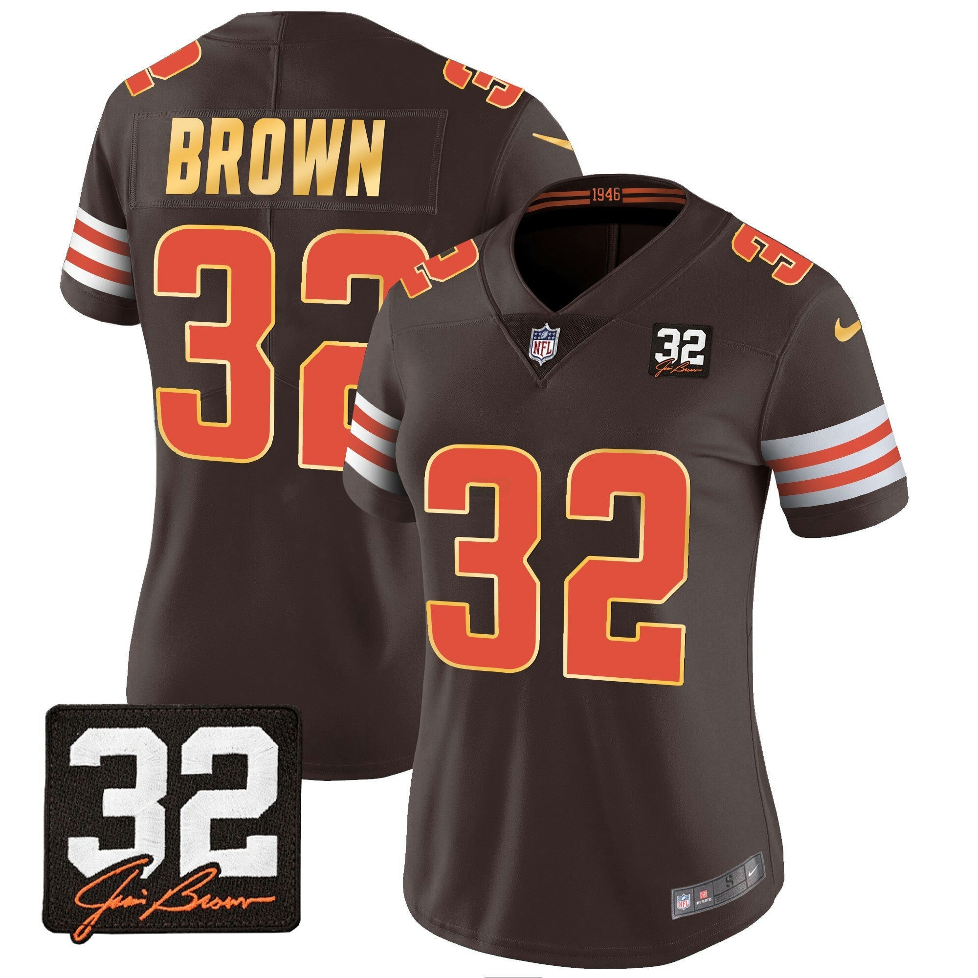 Camisa NFL Women’s #32 Jim Brown Memorial Patch Dourada Trim Jersey