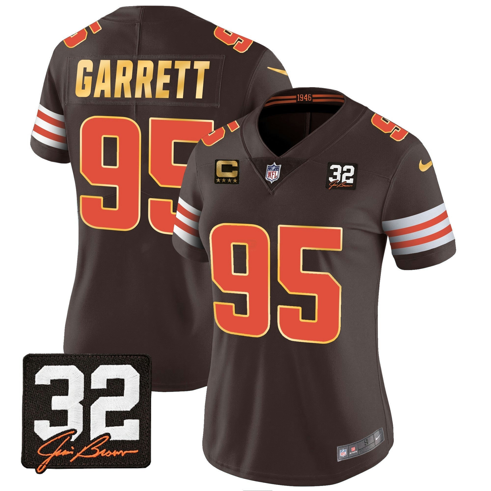 Camisa NFL Women’s #32 Jim Brown Memorial Patch Dourada Trim Jersey