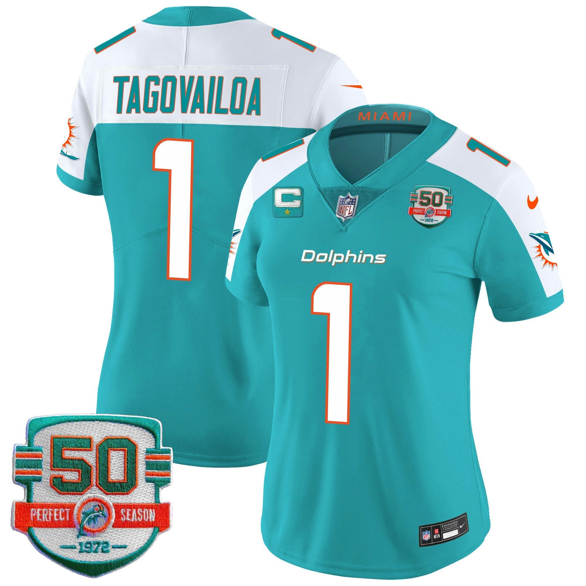 Camisa NFL Women’s 50th 1972 Perfect Season Patch Vapor Jersey