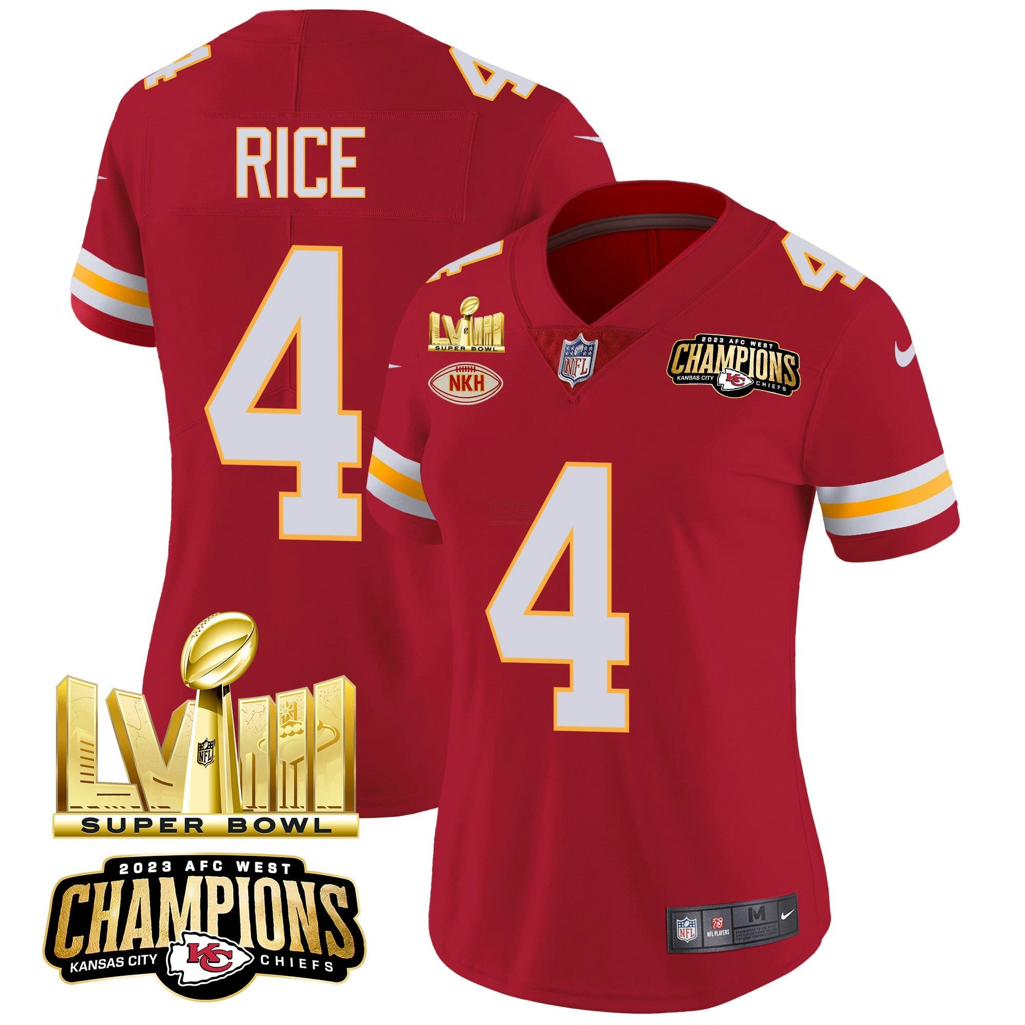 Camisa NFL Women’s AFC West Champions & Super Bowl LVIII Dourada Patch Vapor Jersey