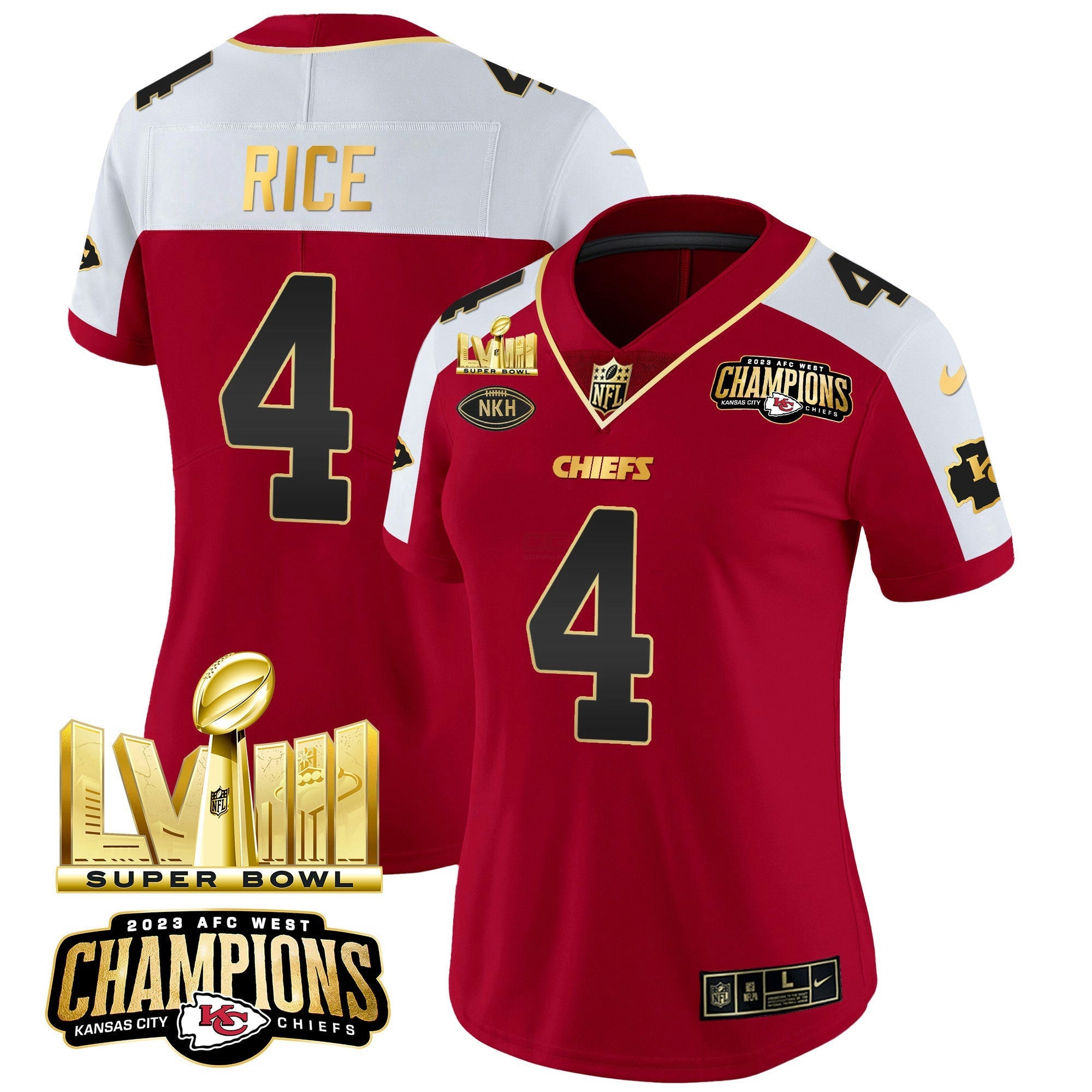 Camisa NFL Women’s AFC West Champions & Super Bowl LVIII Dourada Patch Vapor Jersey