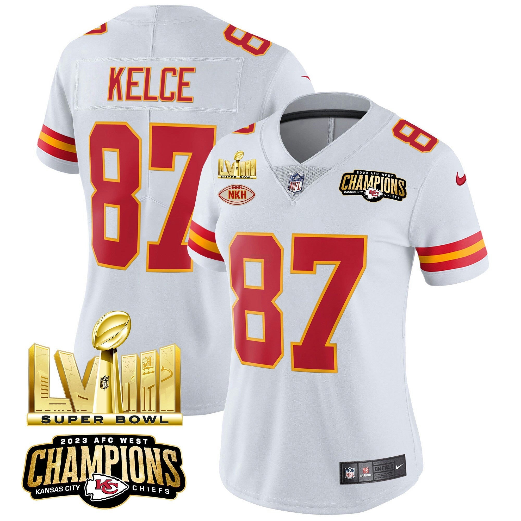 Camisa NFL Women’s AFC West Champions & Super Bowl LVIII Dourada Patch Vapor Jersey