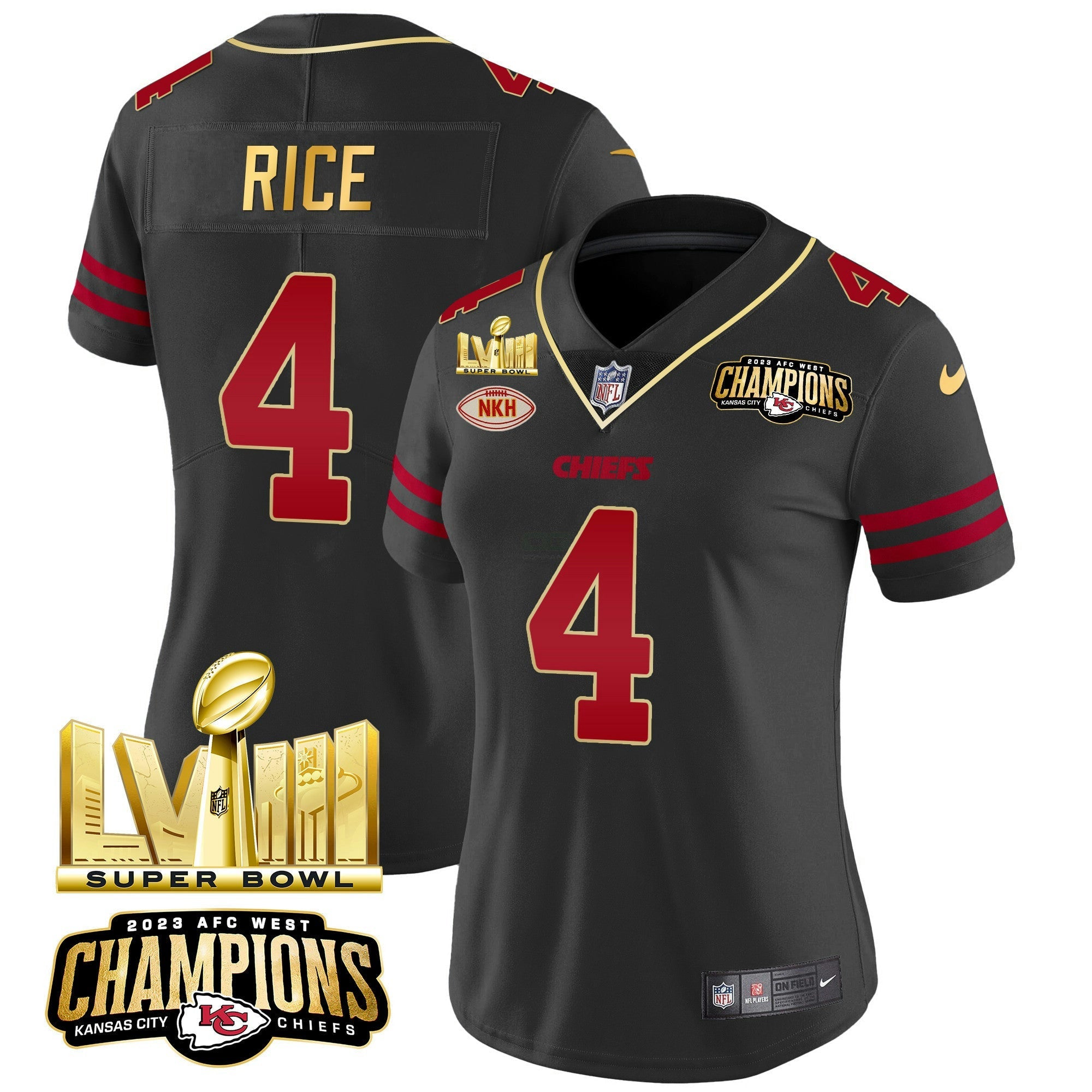 Camisa NFL Women’s AFC West Champions & Super Bowl LVIII Dourada Patch Vapor Jersey