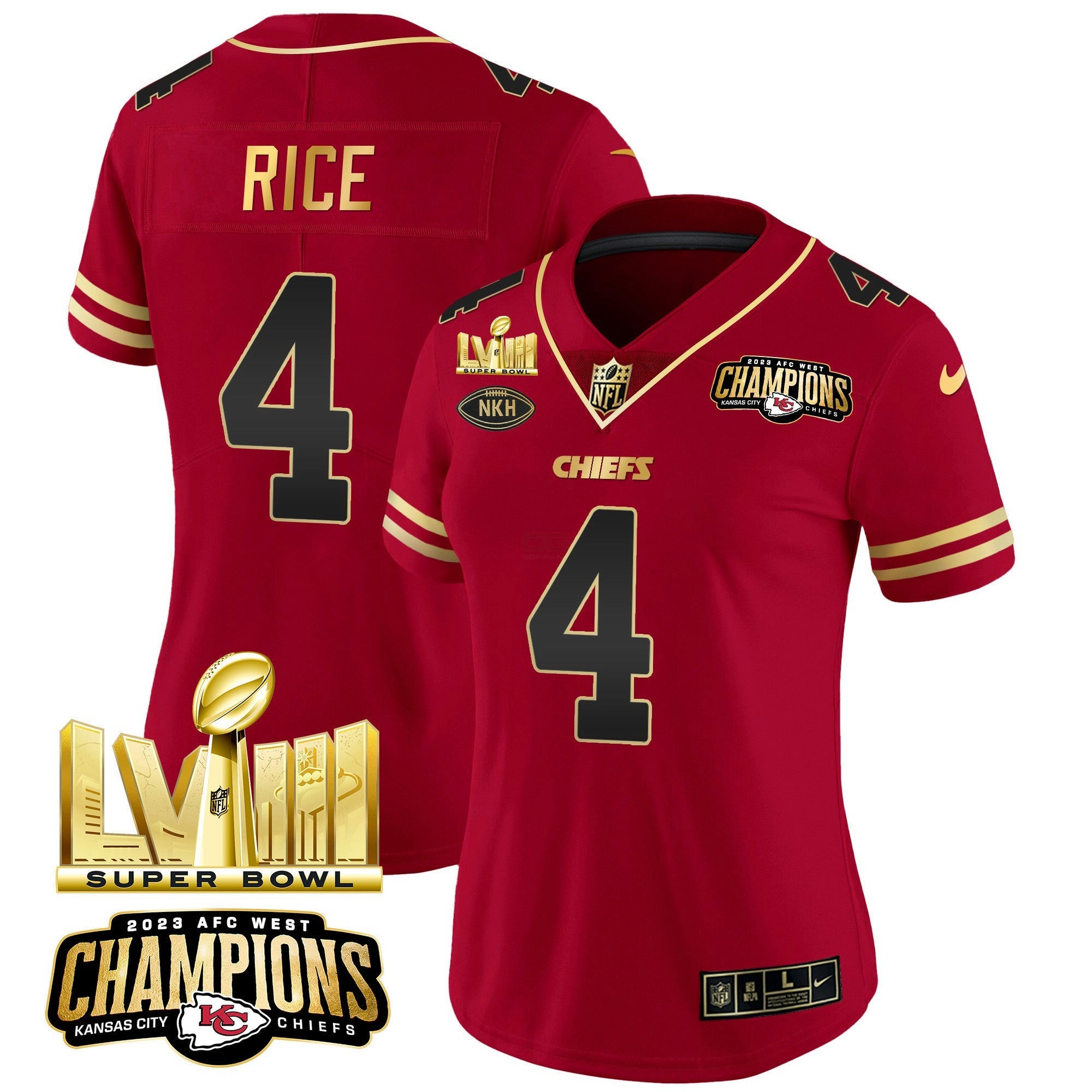 Camisa NFL Women’s AFC West Champions & Super Bowl LVIII Dourada Patch Vapor Jersey