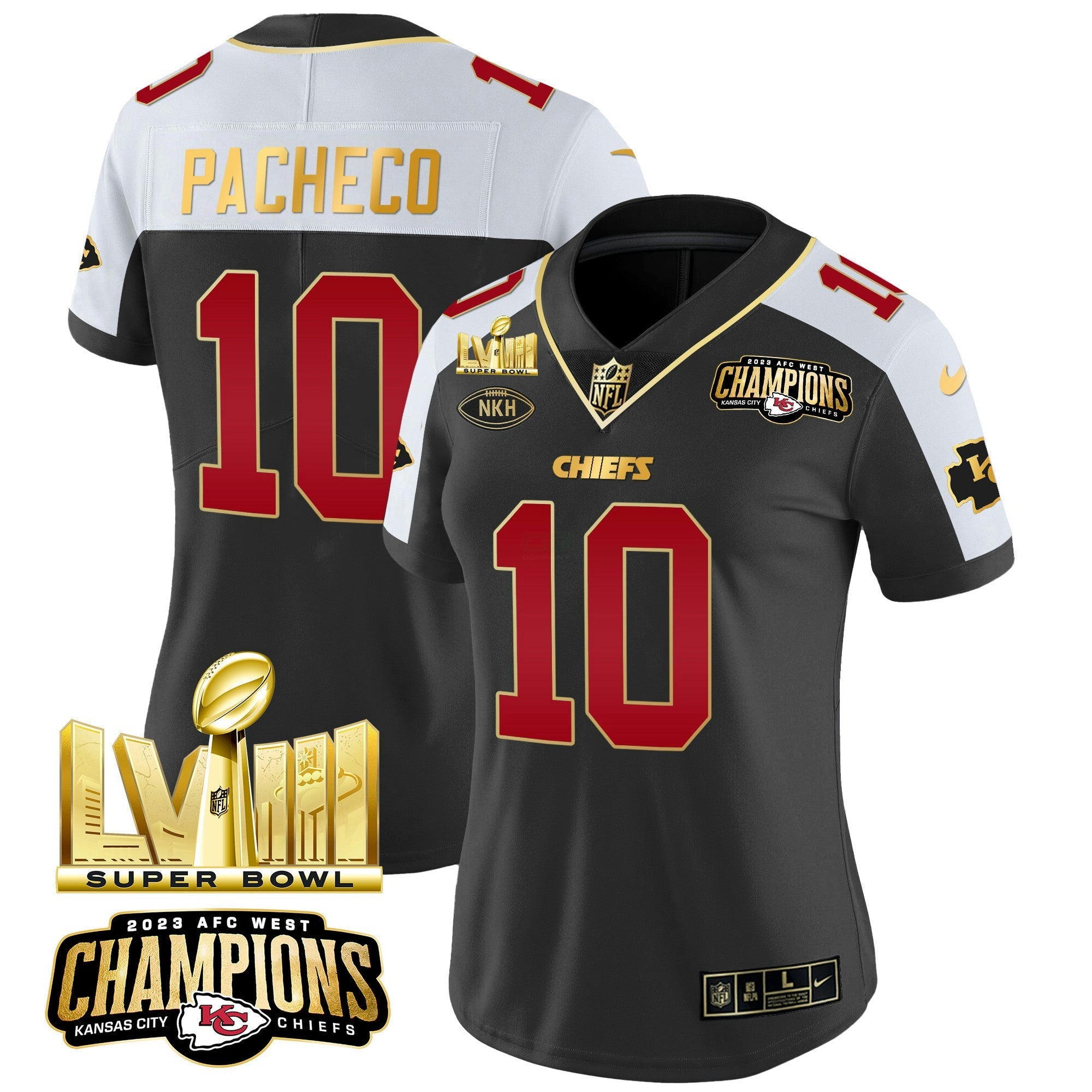 Camisa NFL Women’s AFC West Champions & Super Bowl LVIII Dourada Patch Vapor Jersey