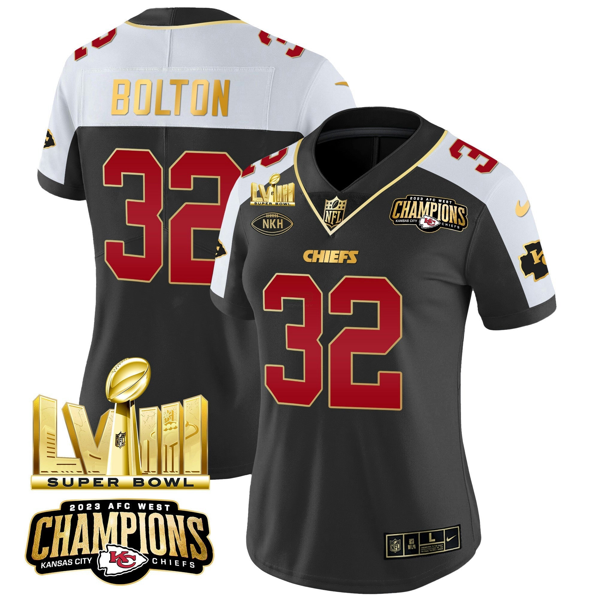 Camisa NFL Women’s AFC West Champions & Super Bowl LVIII Dourada Patch Vapor Jersey