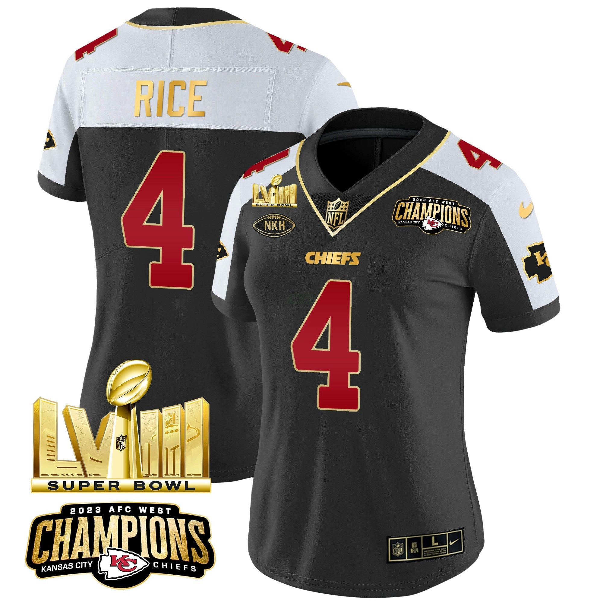 Camisa NFL Women’s AFC West Champions & Super Bowl LVIII Dourada Patch Vapor Jersey