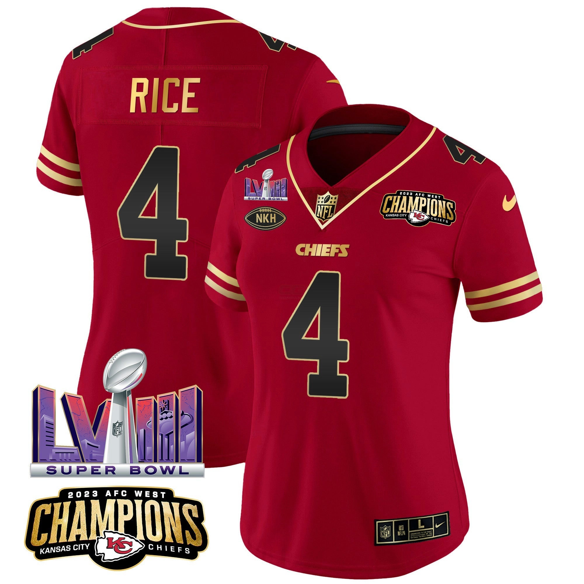 Camisa NFL Women’s AFC West Champions & Super Bowl LVIII Patch Vapor Jersey