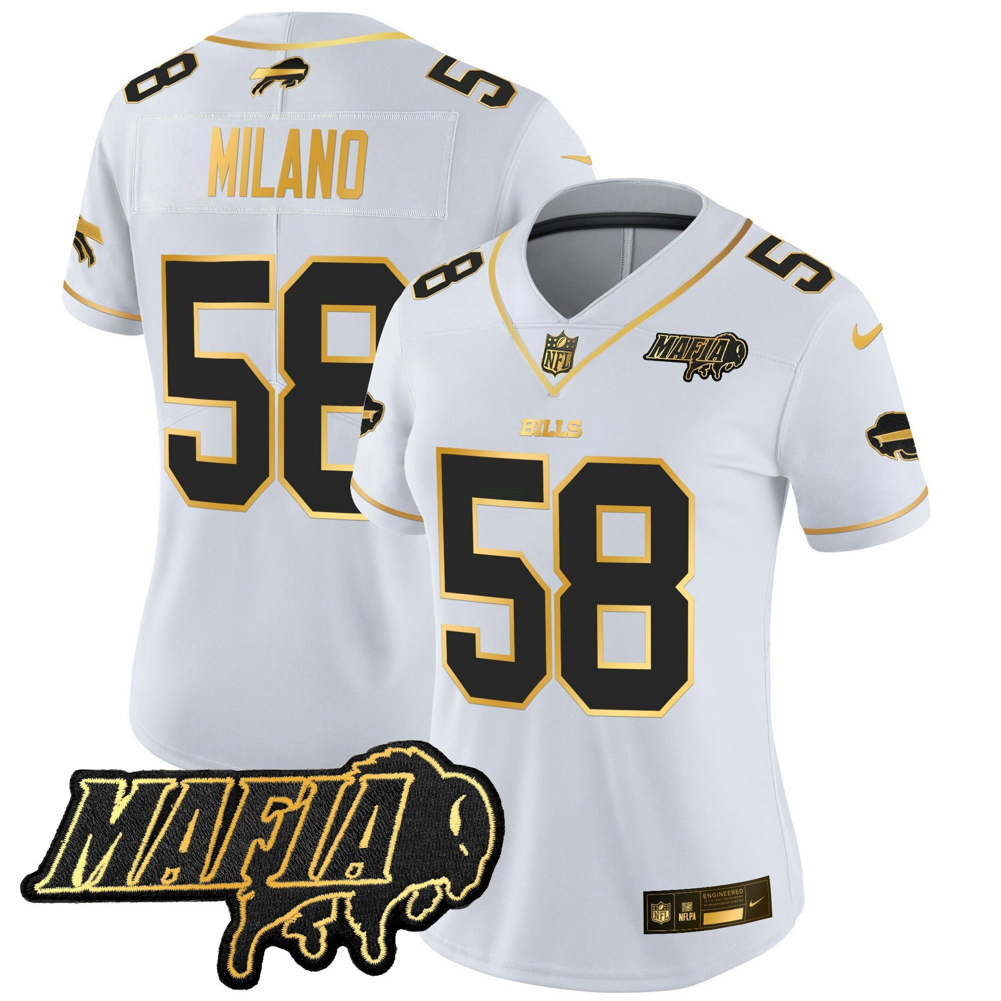 Camisa NFL Women’s Buffalo 2025 Mafia Patch Dourada Vapor Limited Jersey
