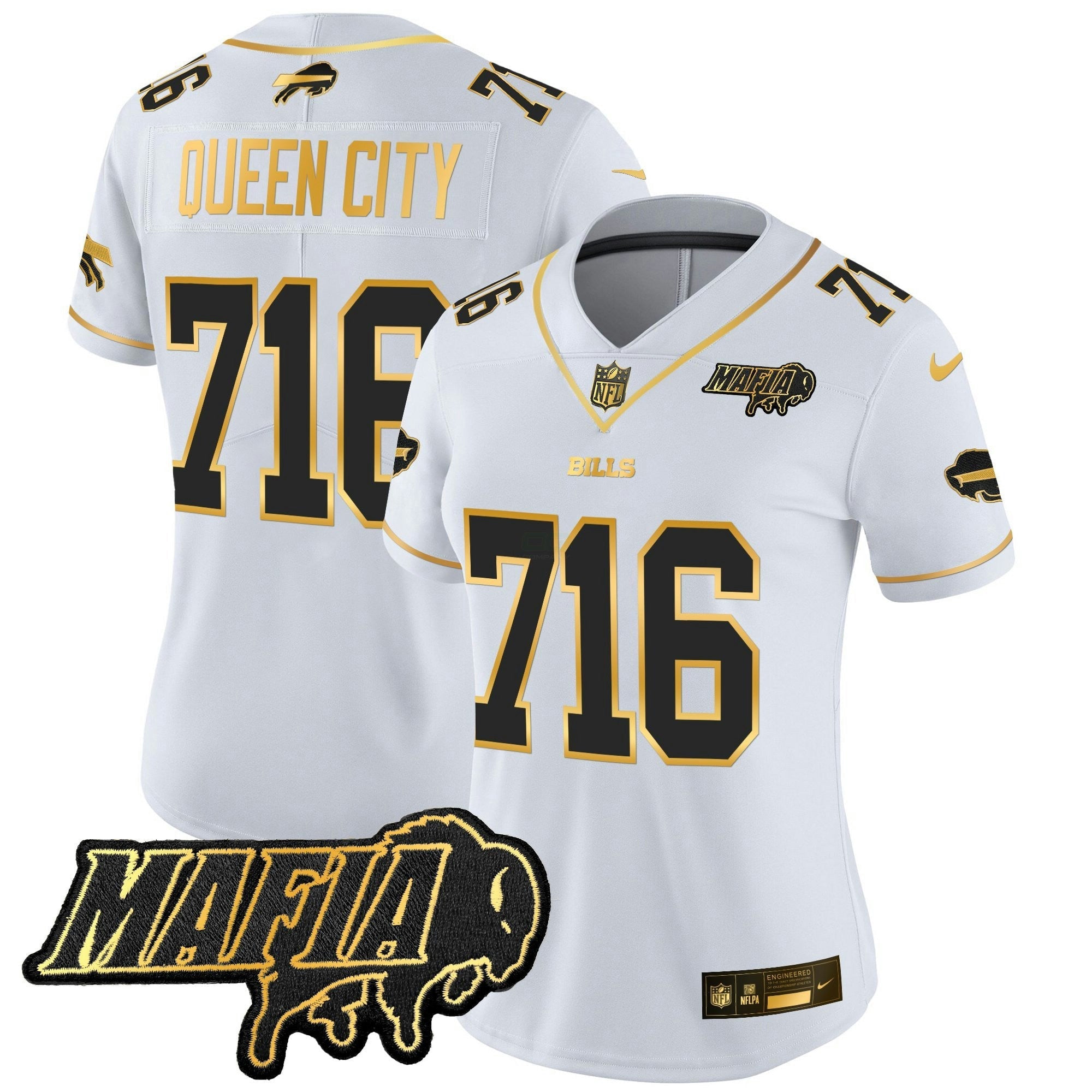 Camisa NFL Women’s Buffalo 2025 Mafia Patch Dourada Vapor Limited Jersey