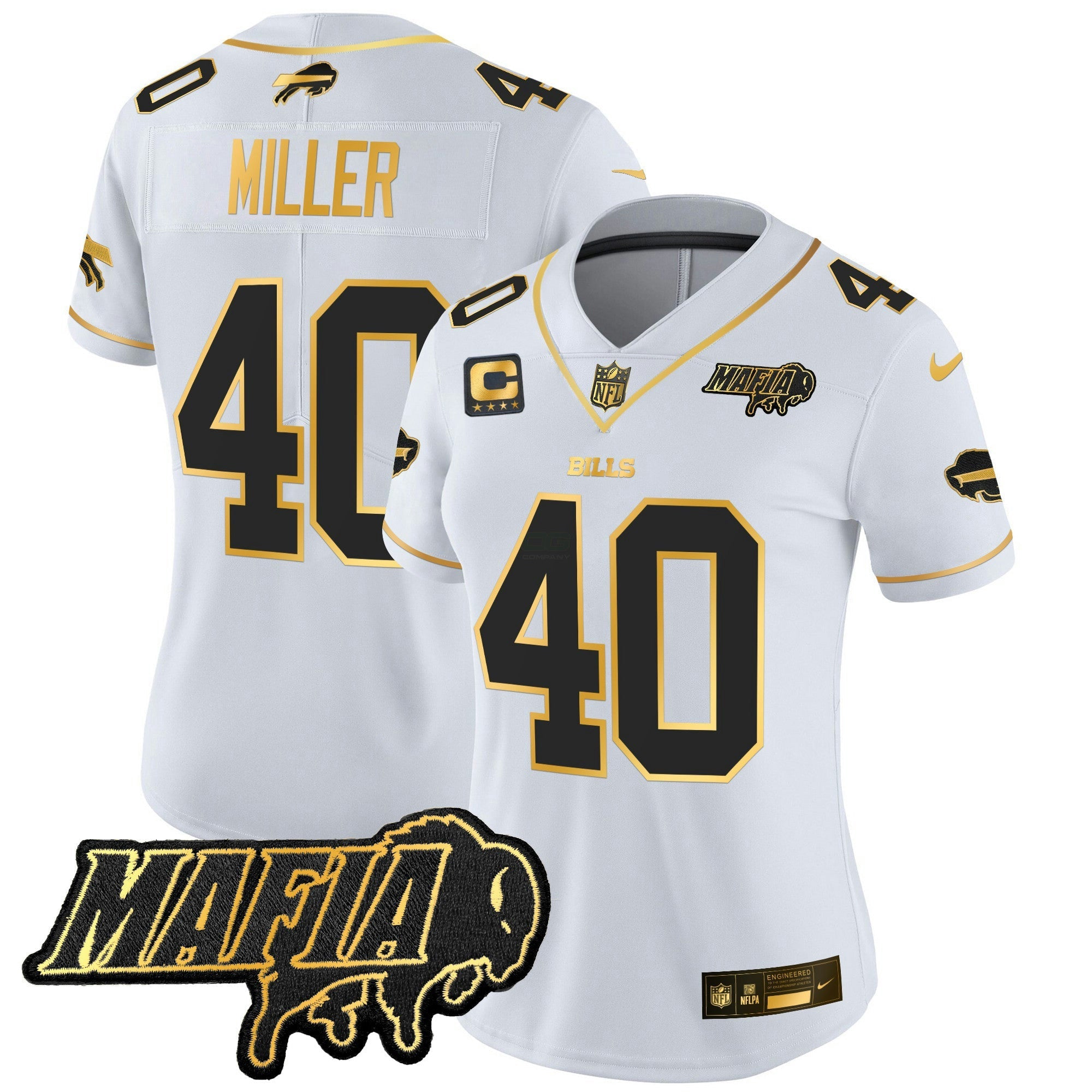 Camisa NFL Women’s Buffalo 2025 Mafia Patch Dourada Vapor Limited Jersey