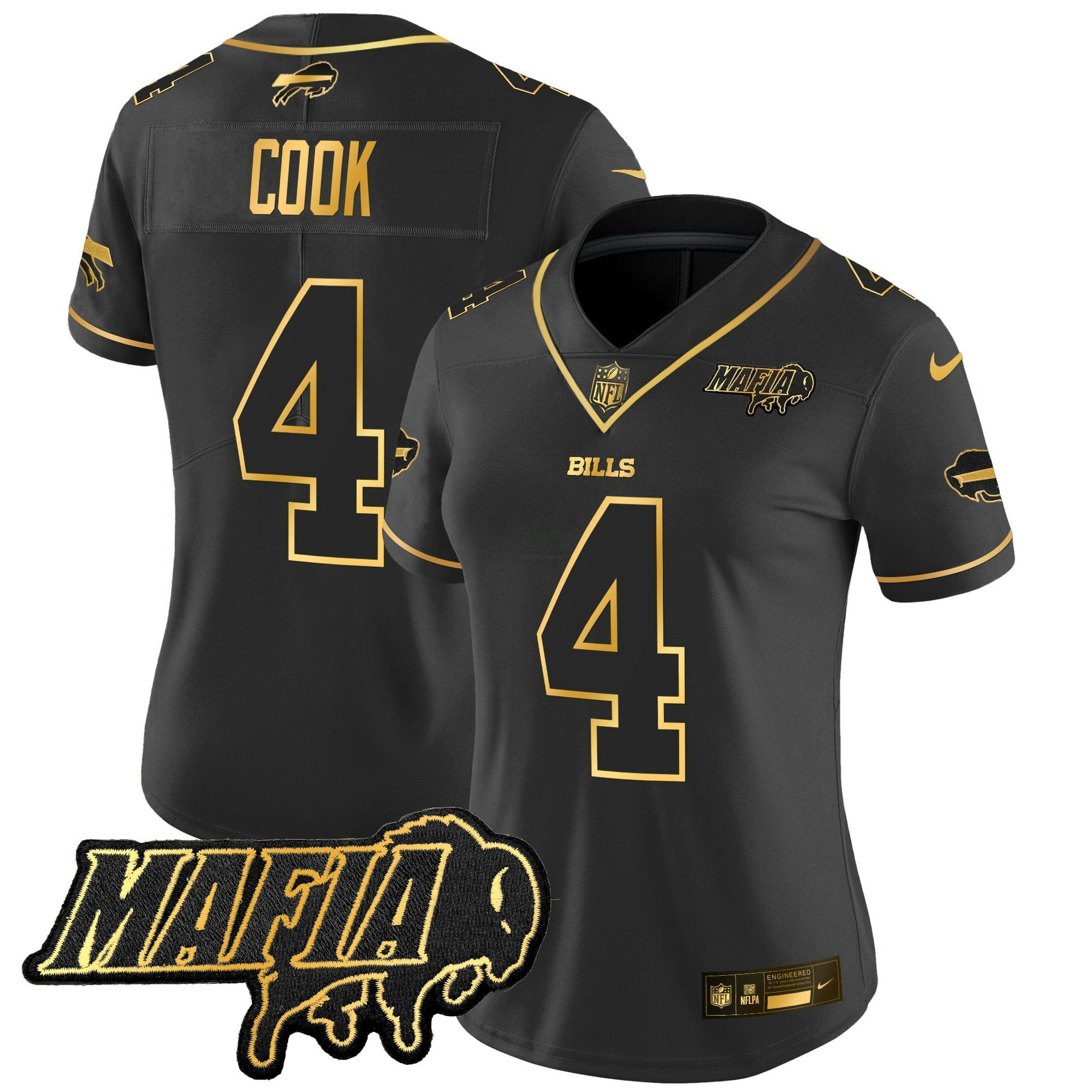 Camisa NFL Women’s Buffalo 2025 Mafia Patch Dourada Vapor Limited Jersey