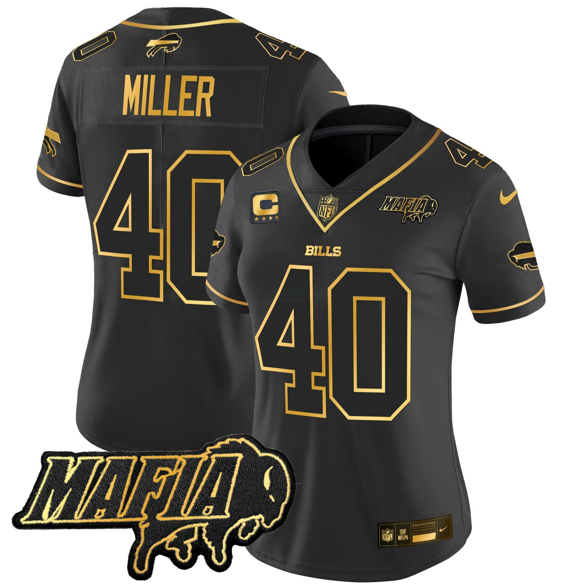 Camisa NFL Women’s Buffalo 2025 Mafia Patch Dourada Vapor Limited Jersey