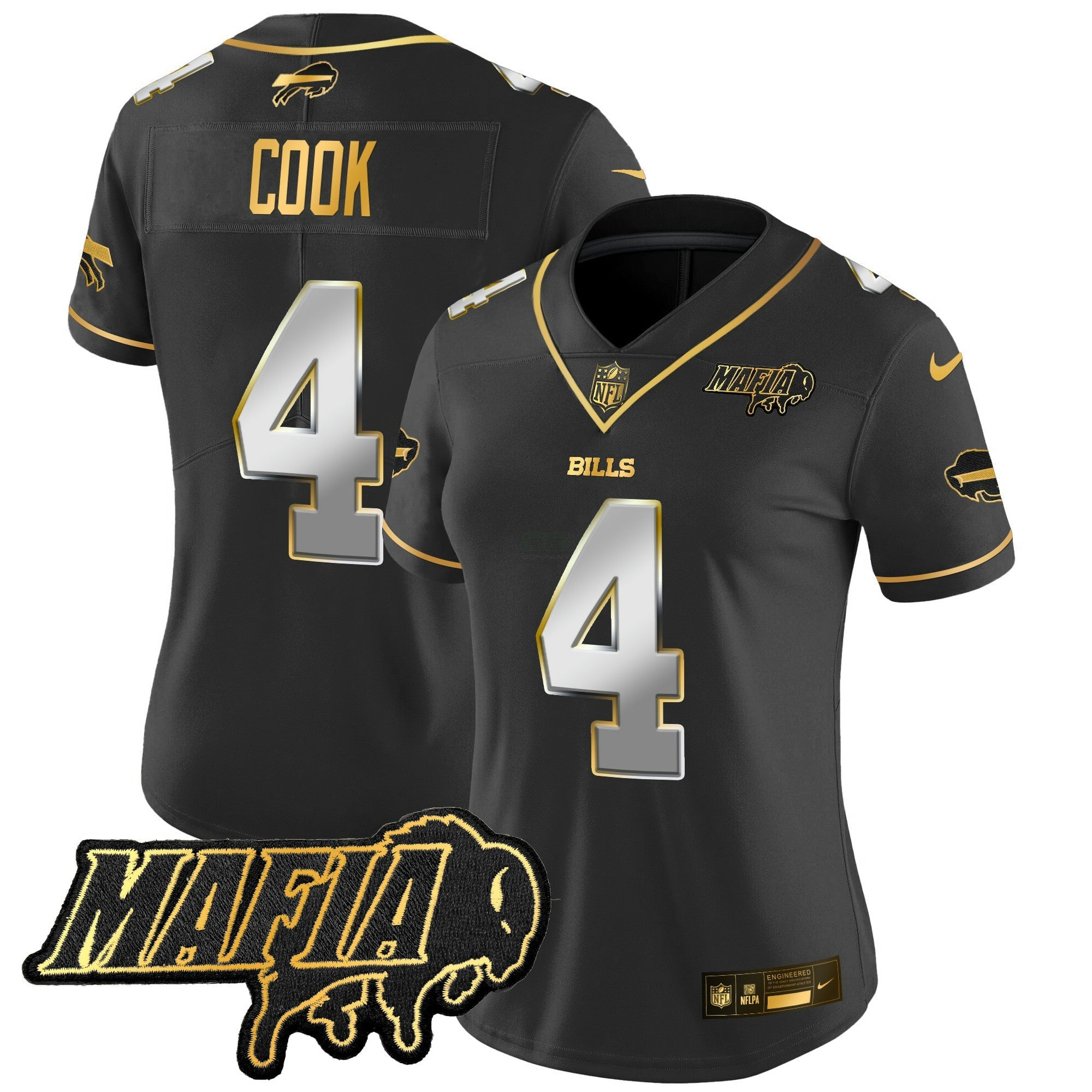 Camisa NFL Women’s Buffalo 2025 Mafia Patch Dourada Vapor Limited Jersey