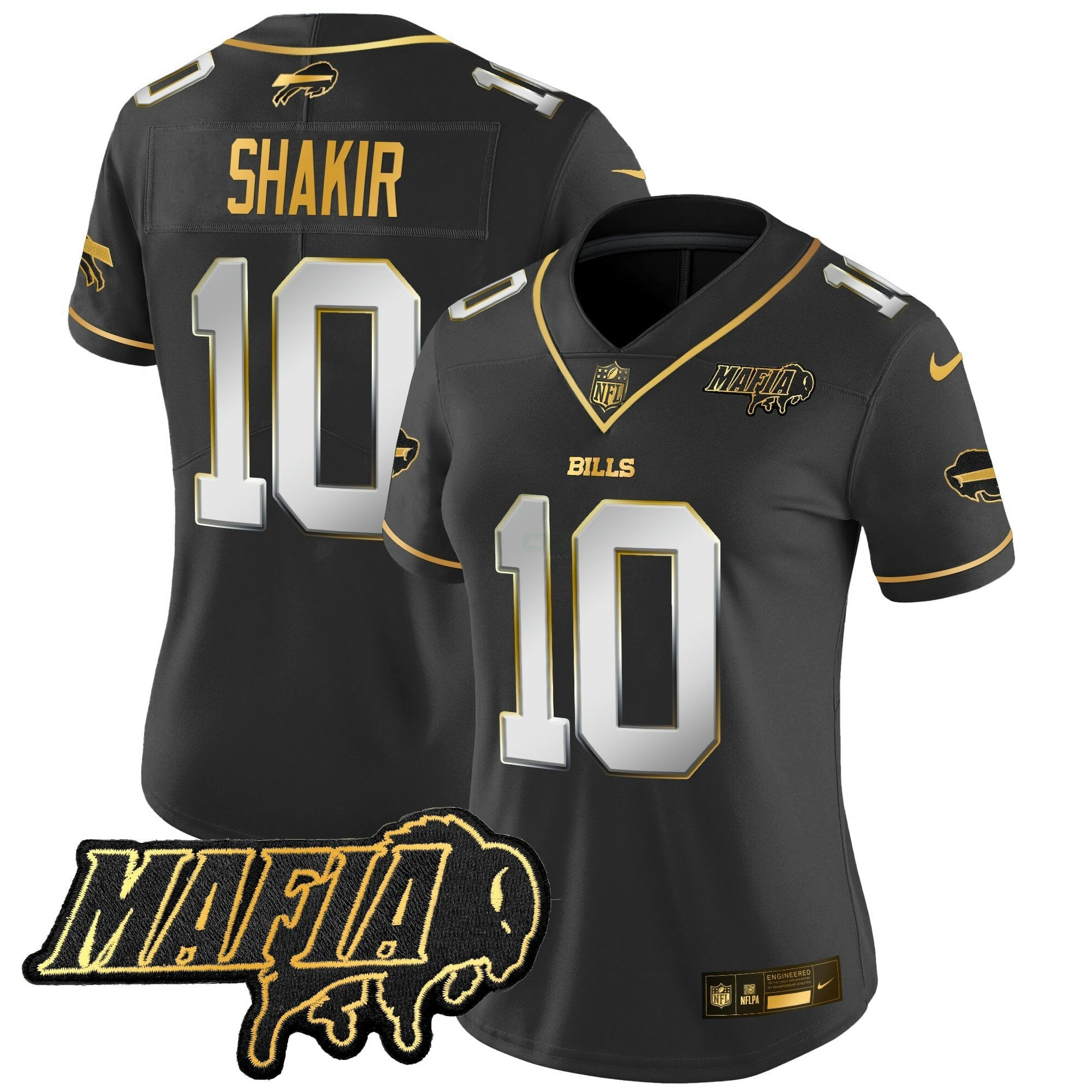 Camisa NFL Women’s Buffalo 2025 Mafia Patch Dourada Vapor Limited Jersey