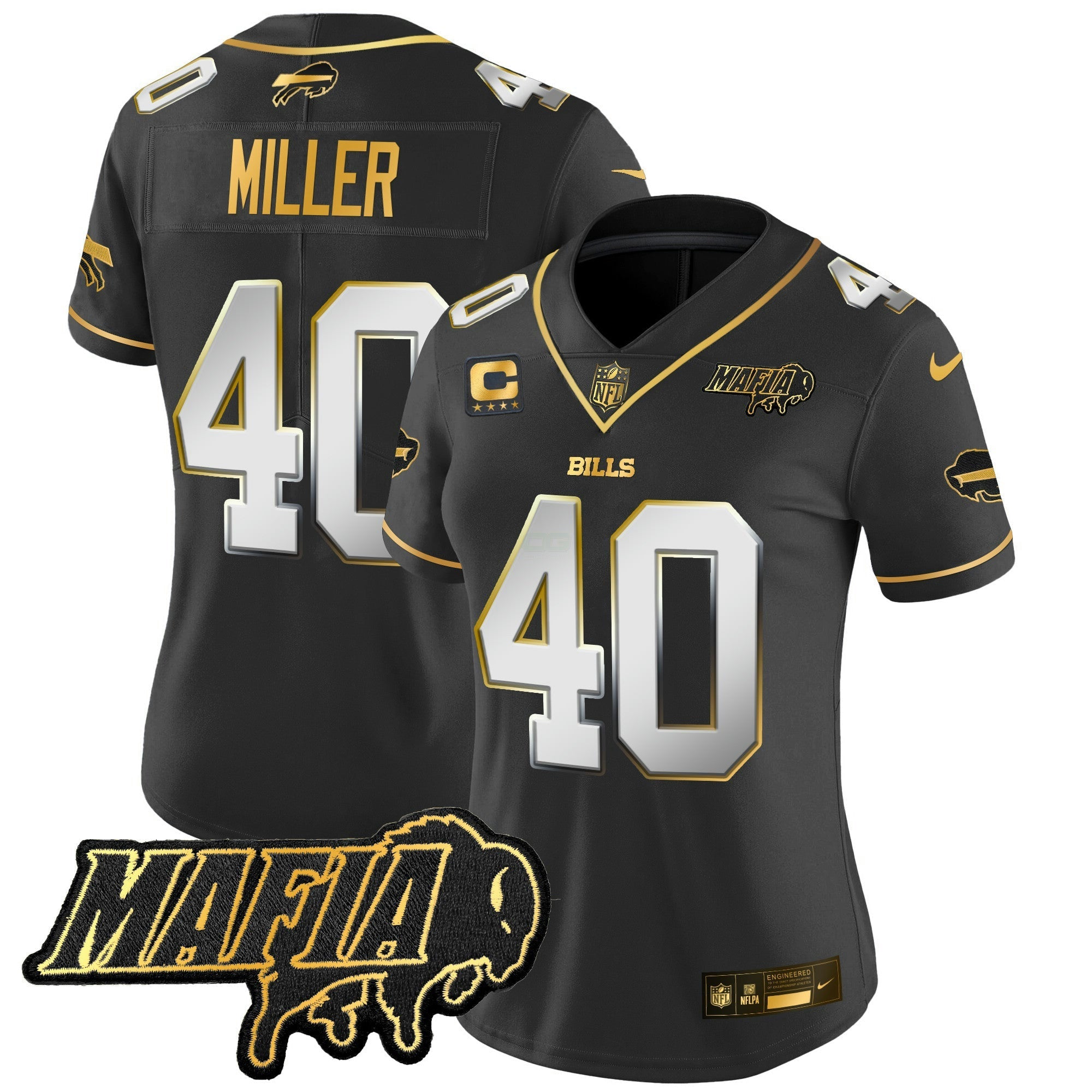 Camisa NFL Women’s Buffalo 2025 Mafia Patch Dourada Vapor Limited Jersey
