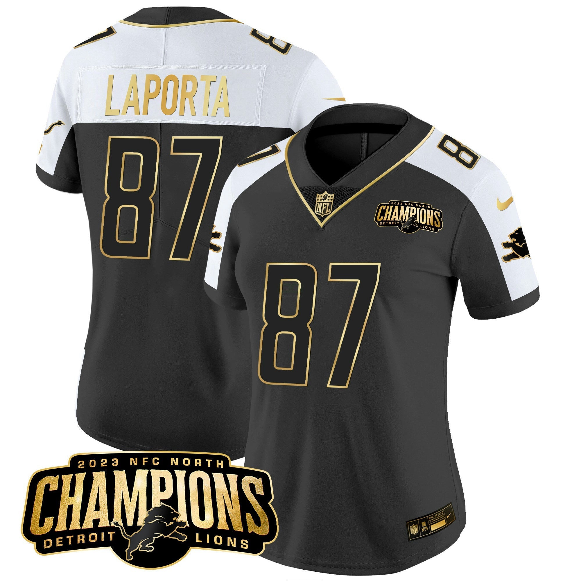 Camisa NFL Women’s Detroit 2023 NFC North Champions Patch Dourada Vapor Jersey