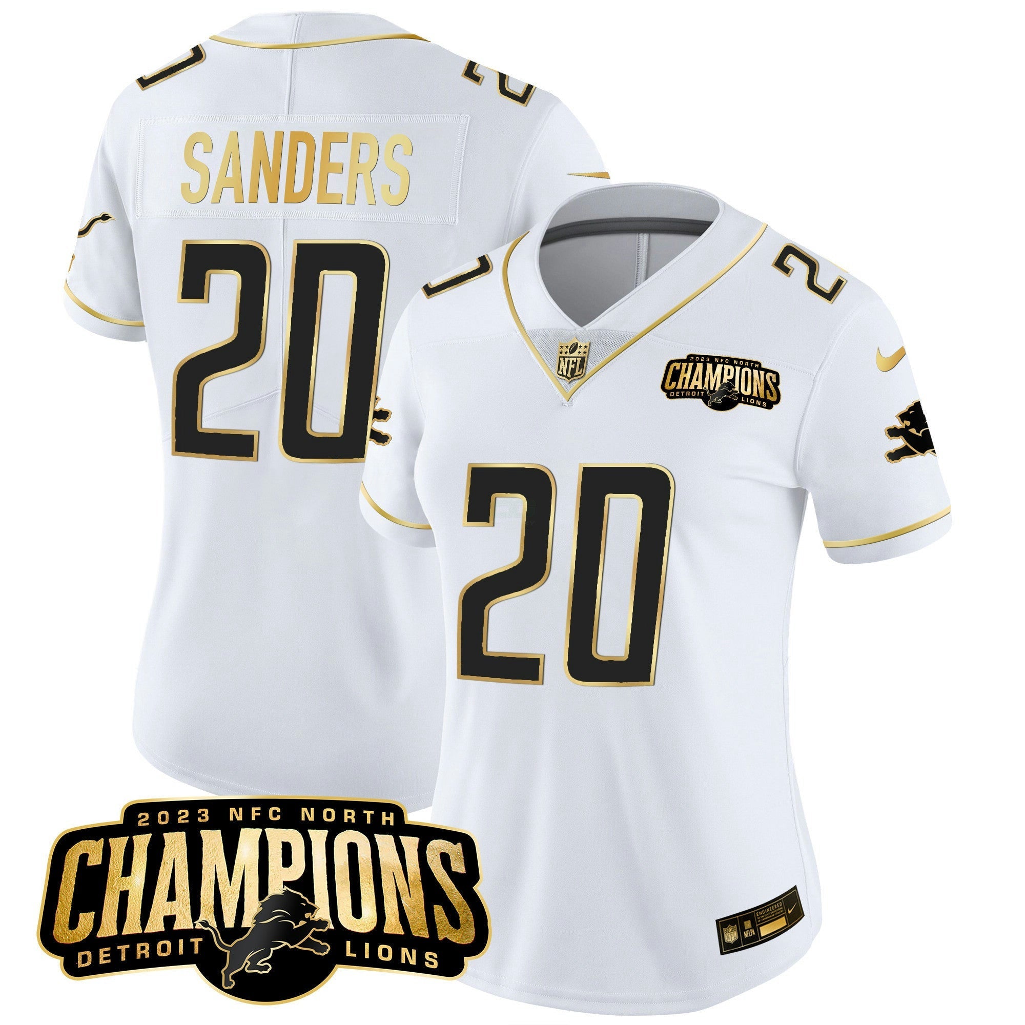 Camisa NFL Women’s Detroit 2023 NFC North Champions Patch Dourada Vapor Jersey