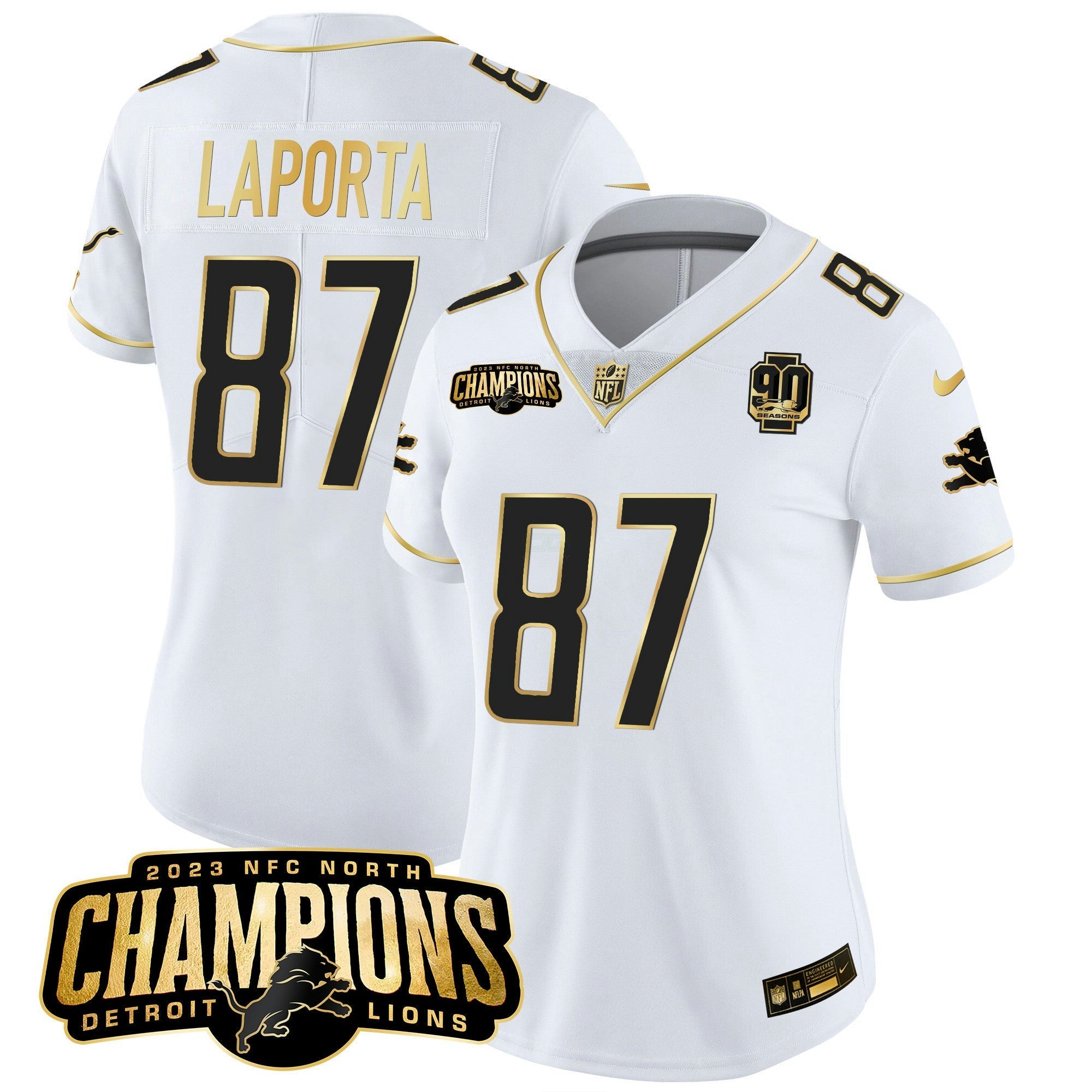 Camisa NFL Women’s Detroit 2023 NFC North Champions Patch Dourada Vapor Jersey V2