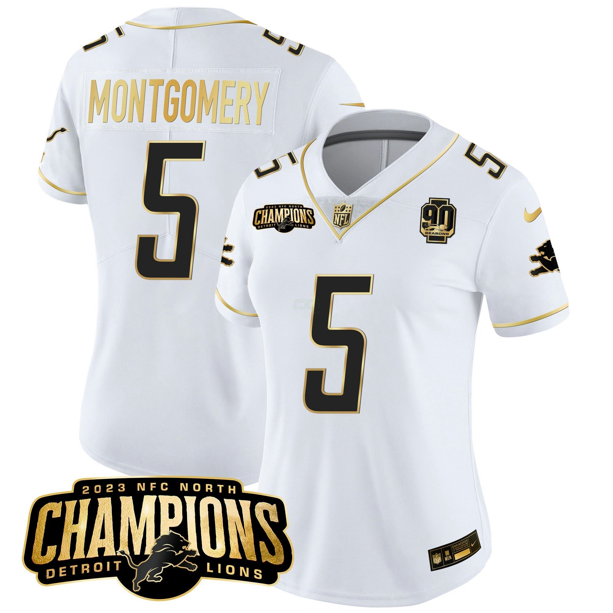 Camisa NFL Women’s Detroit 2023 NFC North Champions Patch Dourada Vapor Jersey V2
