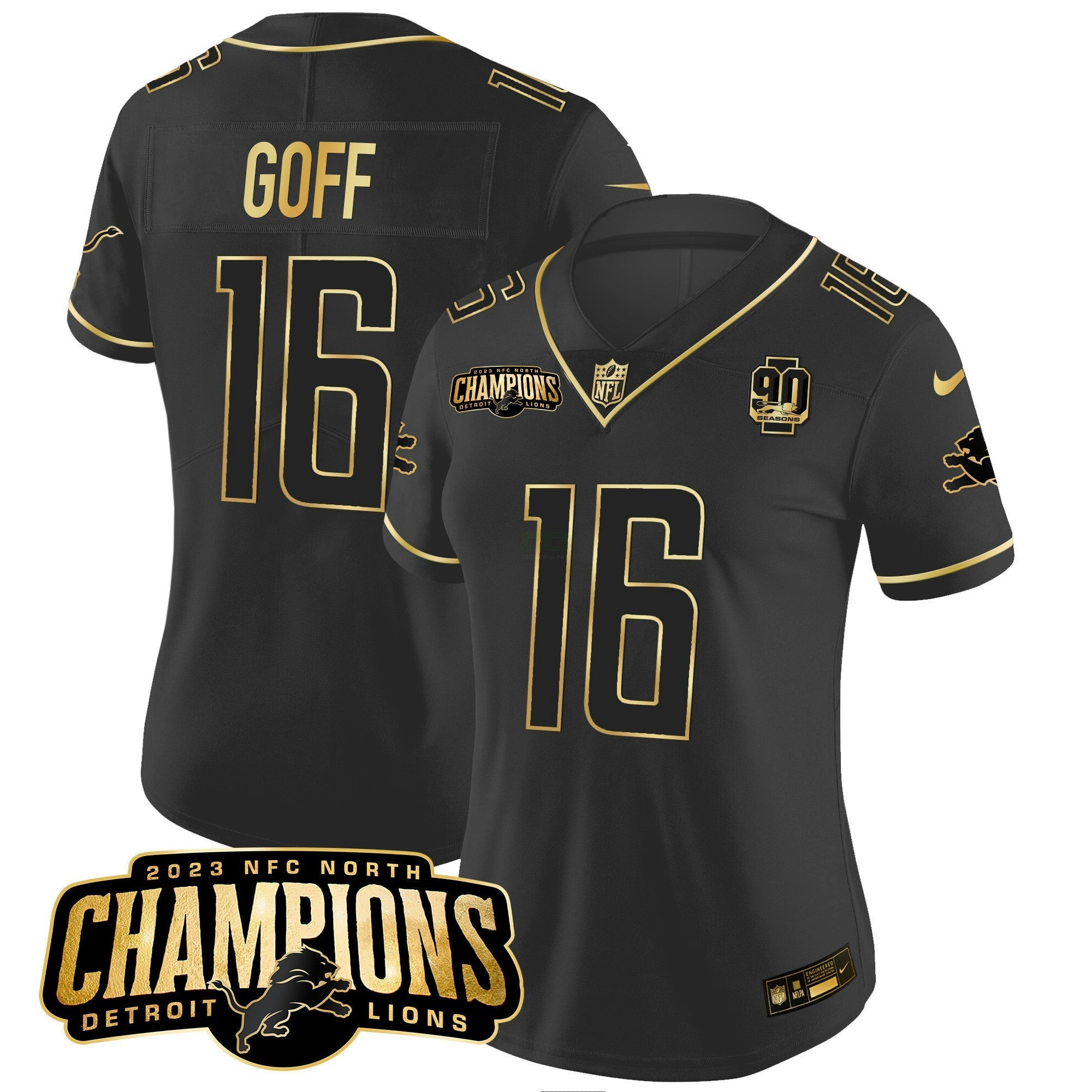 Camisa NFL Women’s Detroit 2023 NFC North Champions Patch Dourada Vapor Jersey V2