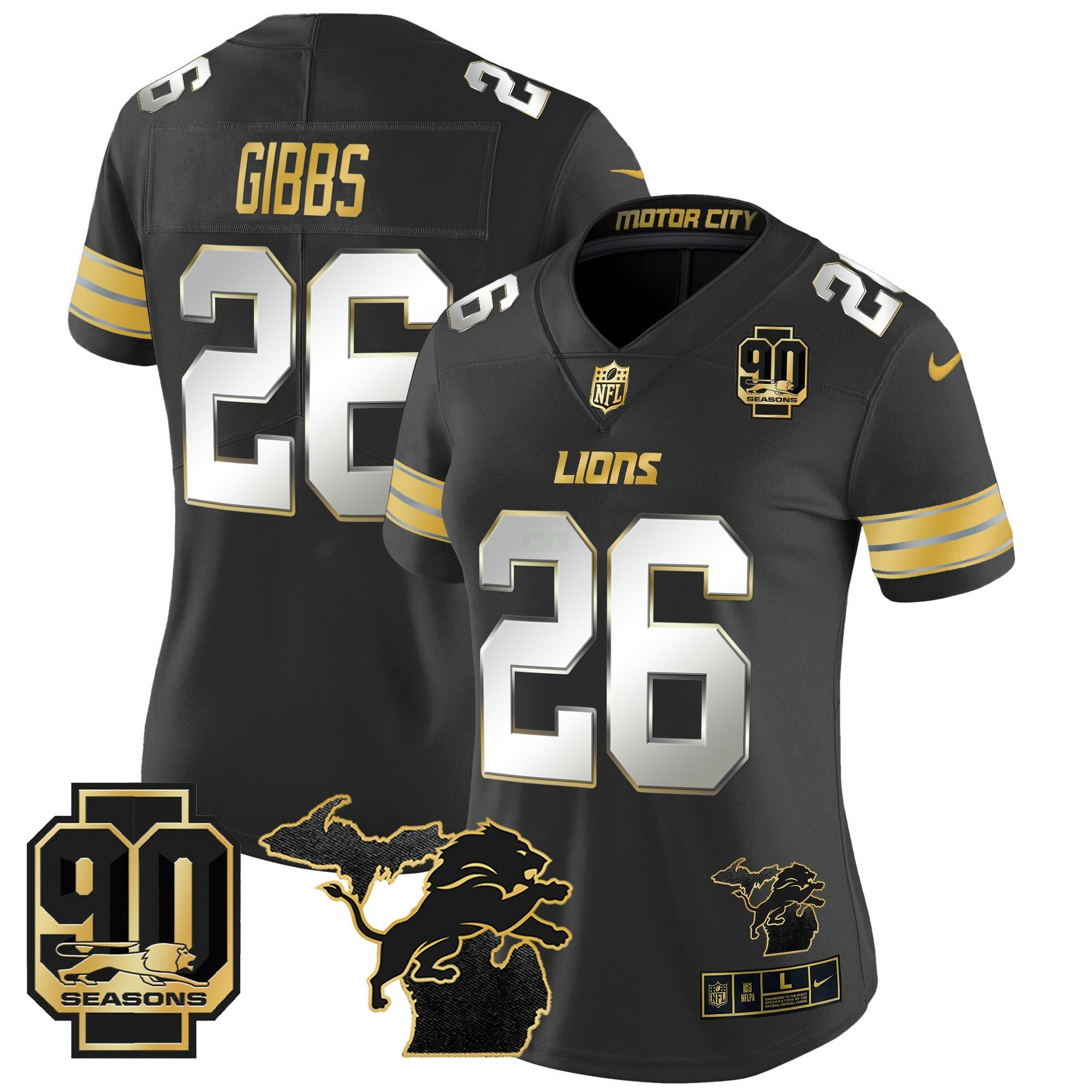 Camisa NFL Women’s Detroit 2024 Michigan & 90th Year Patch Dourada Vapor Limited Jersey