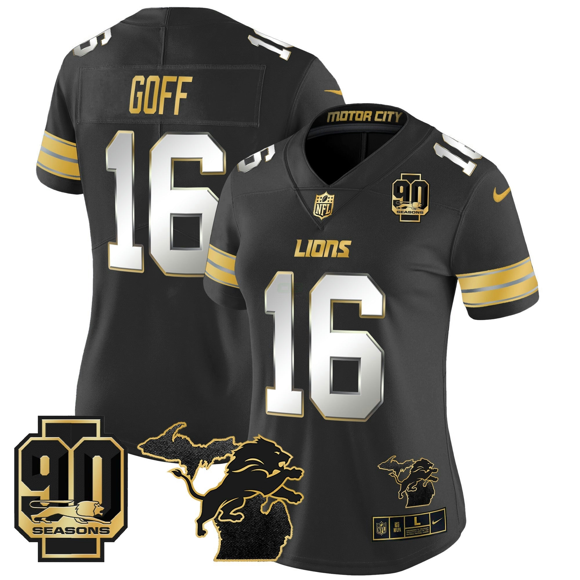 Camisa NFL Women’s Detroit 2024 Michigan & 90th Year Patch Dourada Vapor Limited Jersey
