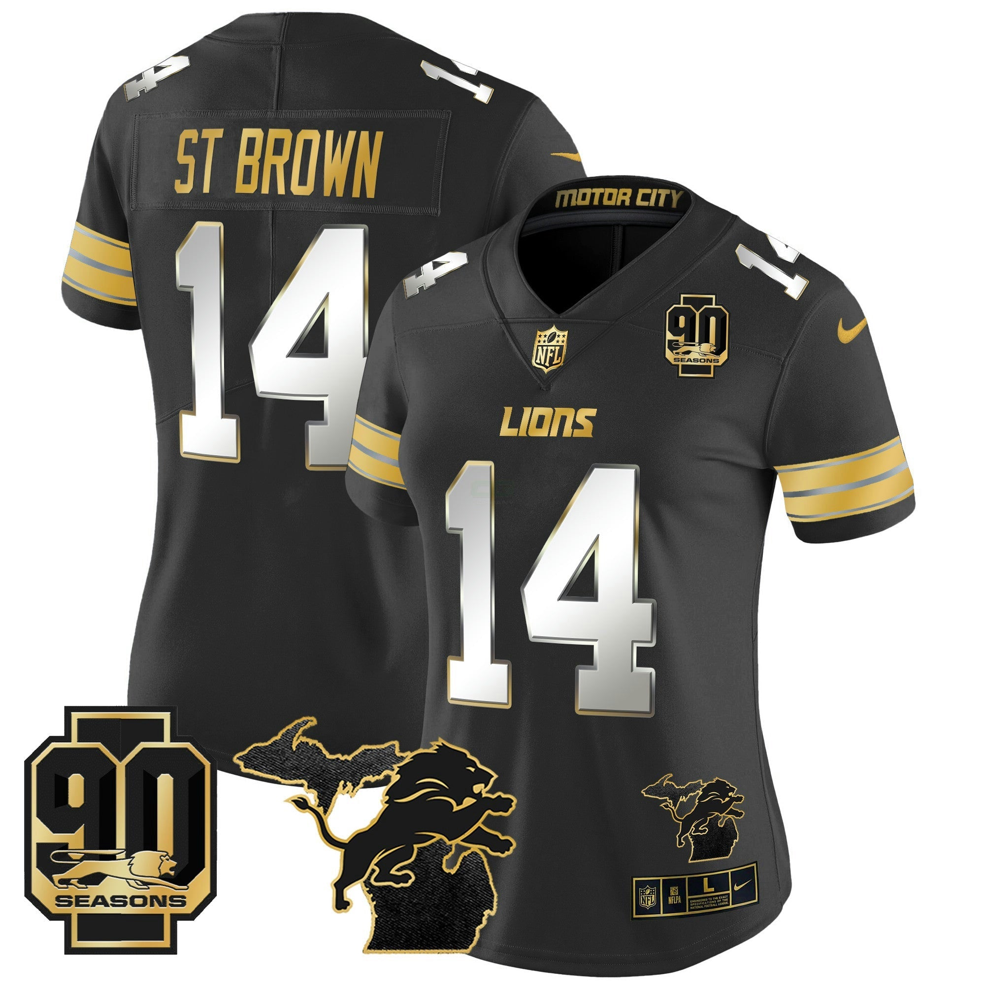 Camisa NFL Women’s Detroit 2024 Michigan & 90th Year Patch Dourada Vapor Limited Jersey