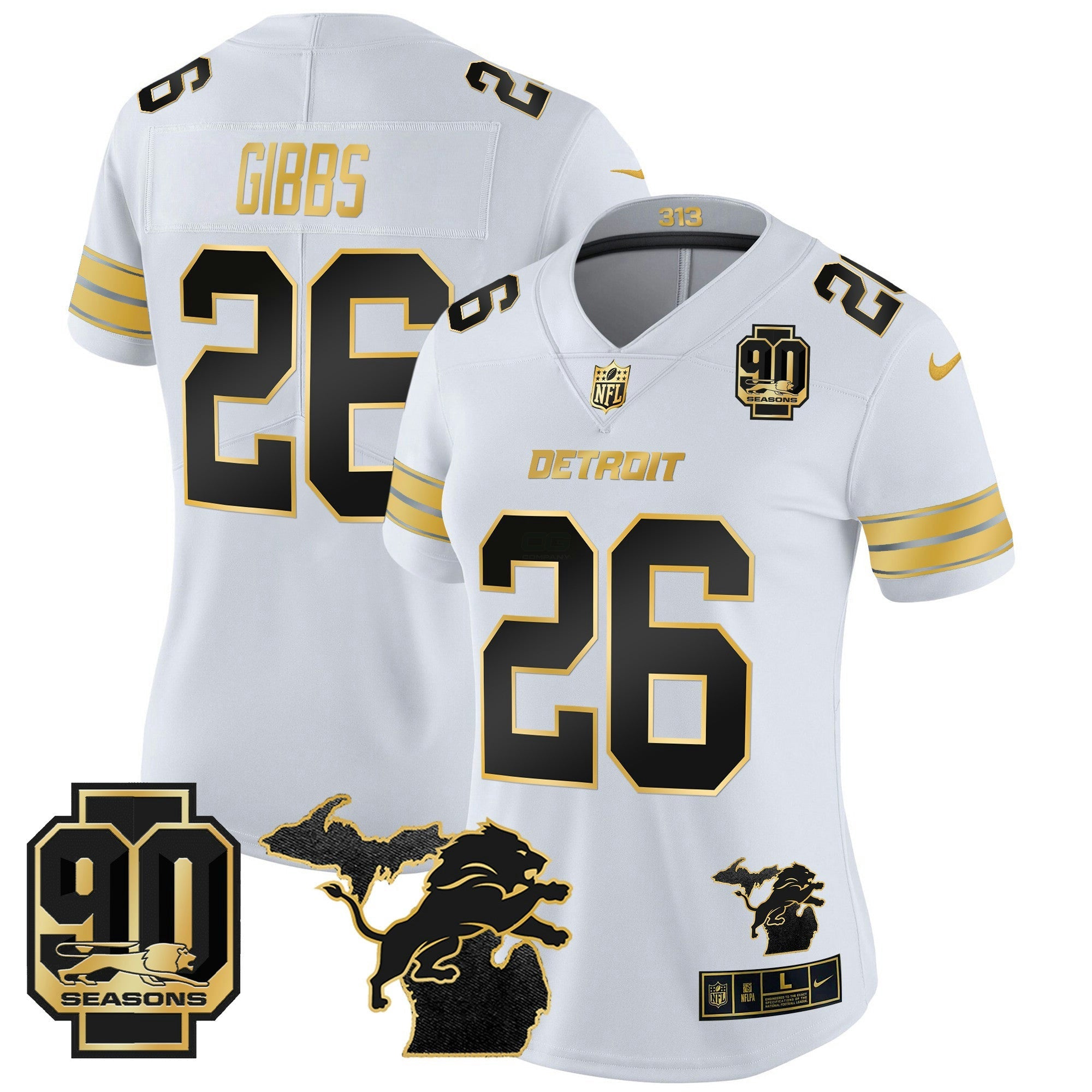 Camisa NFL Women’s Detroit 2024 Michigan & 90th Year Patch Dourada Vapor Limited Jersey