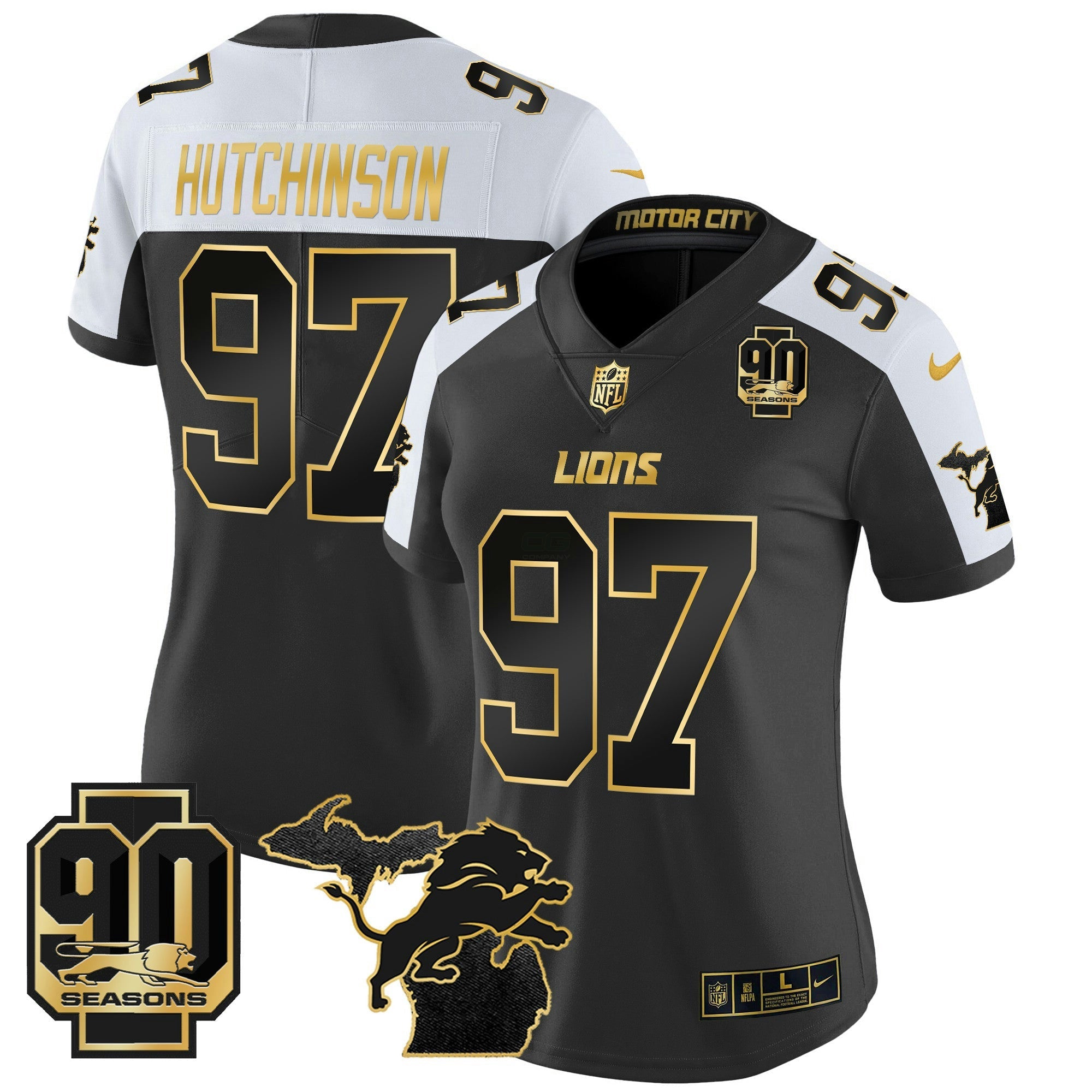 Camisa NFL Women’s Detroit 2024 Michigan & 90th Year Patch Dourada Vapor Limited Jersey