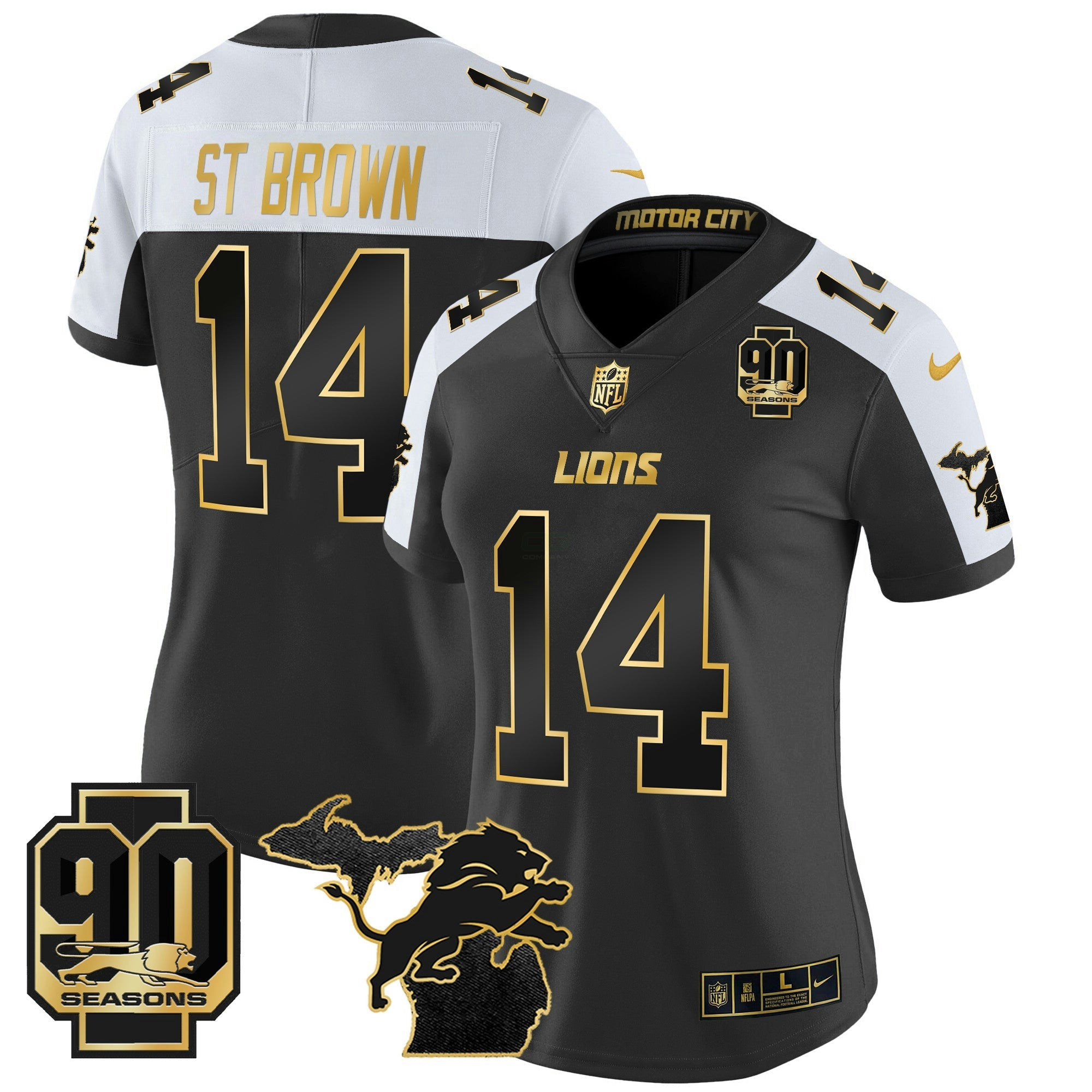 Camisa NFL Women’s Detroit 2024 Michigan & 90th Year Patch Dourada Vapor Limited Jersey