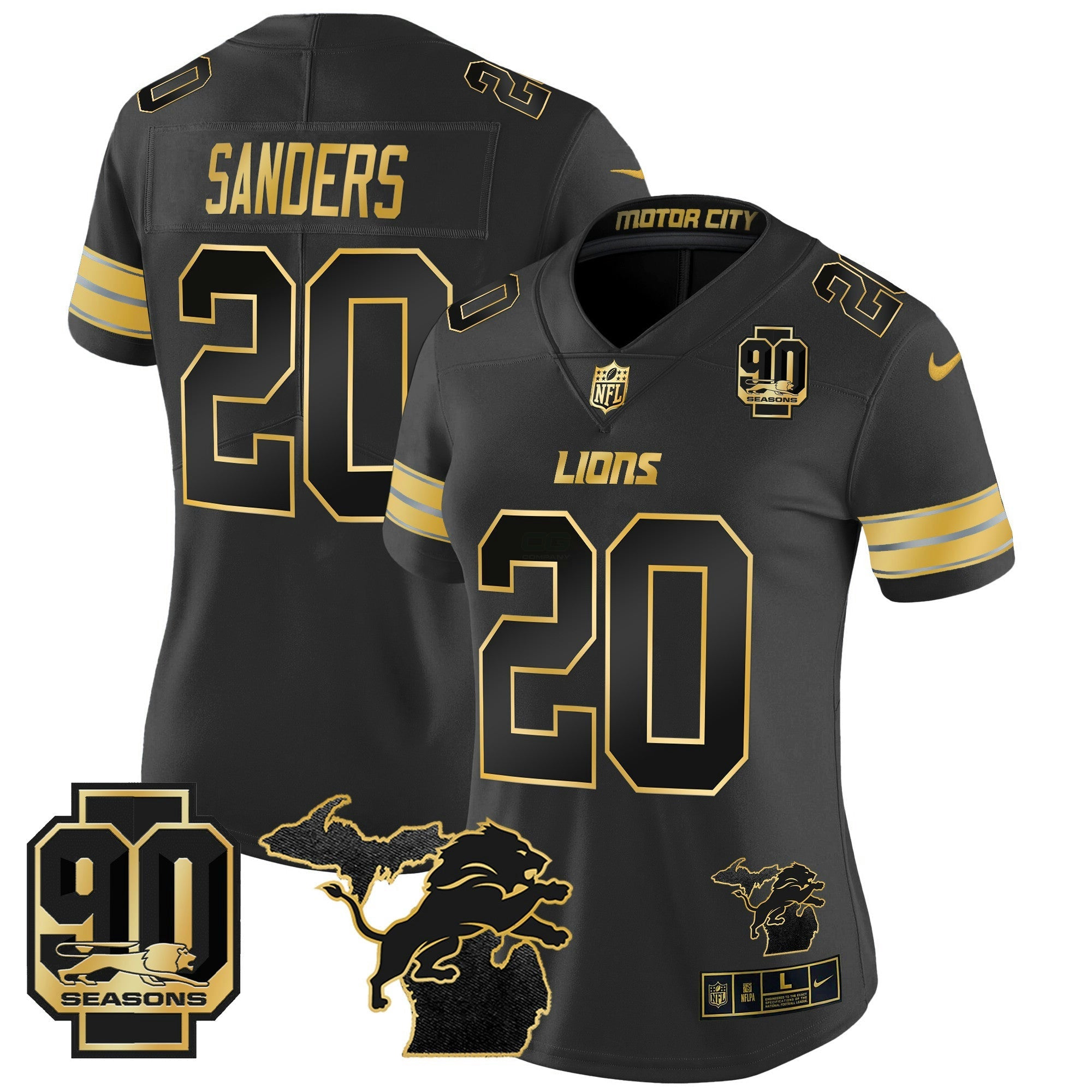 Camisa NFL Women’s Detroit 2024 Michigan & 90th Year Patch Dourada Vapor Limited Jersey