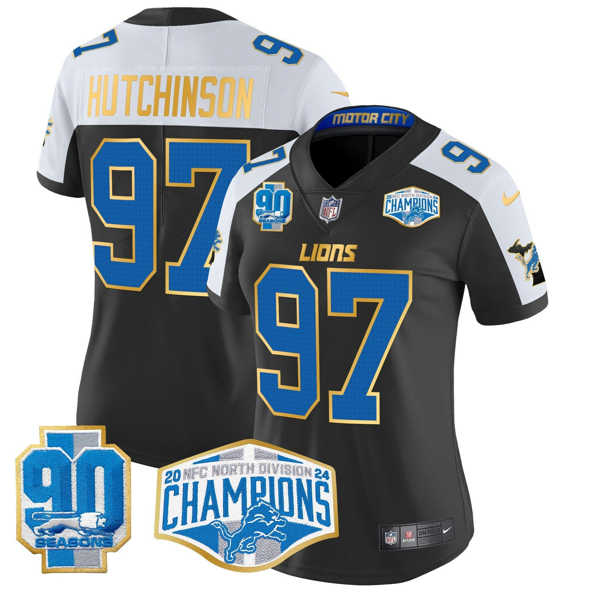 Camisa NFL Women’s Detroit 2024 NFC North Division Champions Patch Dourada Trim Vapor Limited Jersey