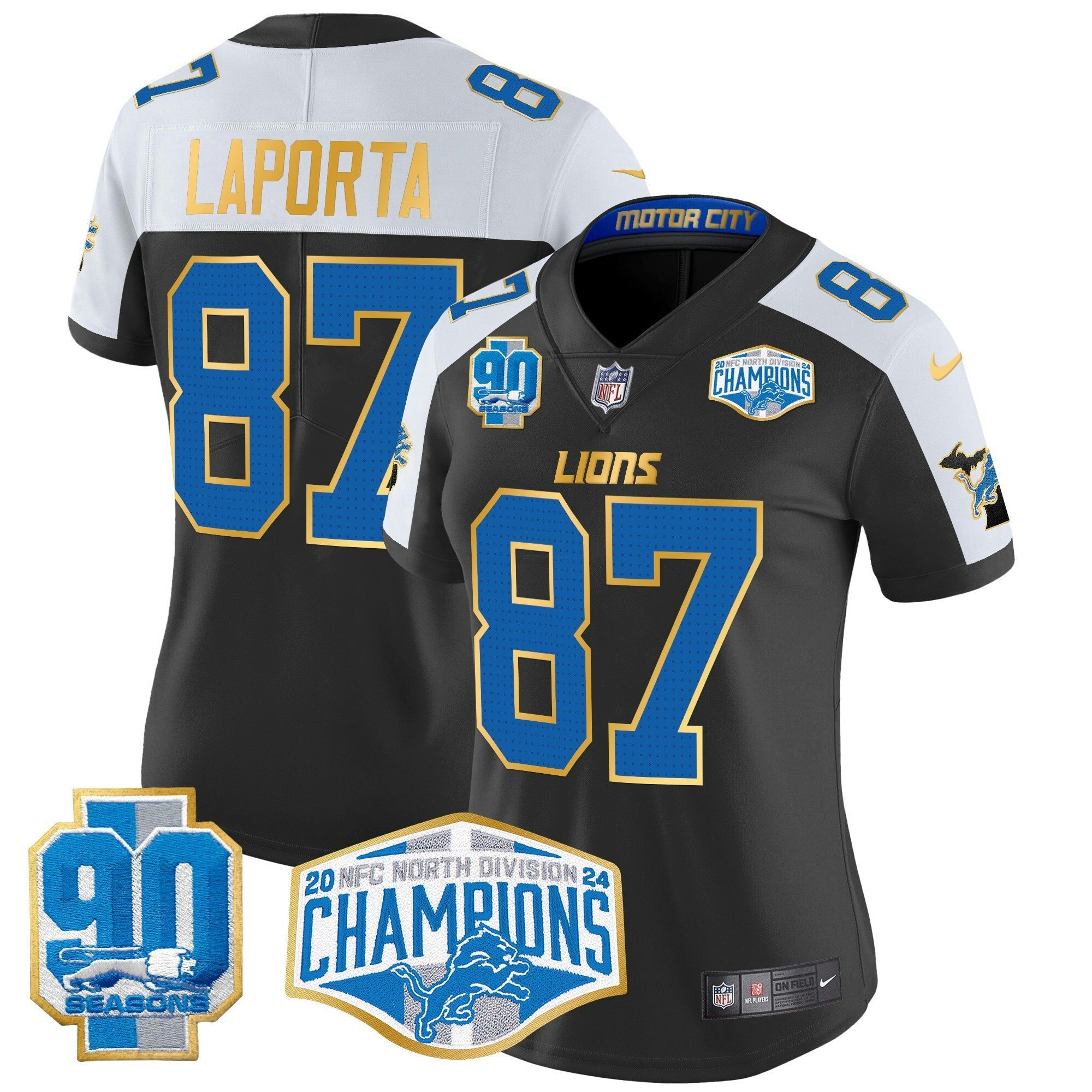Camisa NFL Women’s Detroit 2024 NFC North Division Champions Patch Dourada Trim Vapor Limited Jersey