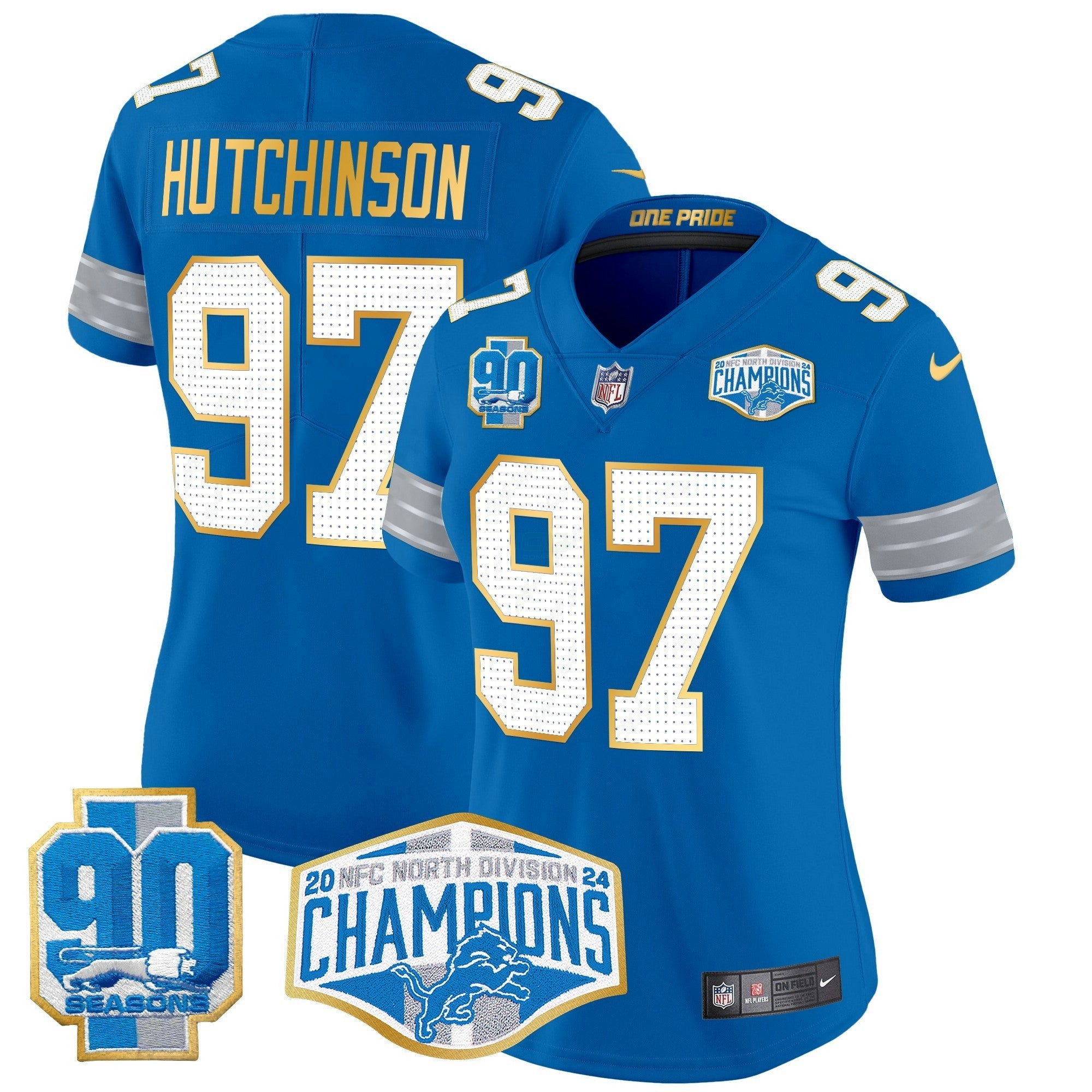 Camisa NFL Women’s Detroit 2024 NFC North Division Champions Patch Dourada Trim Vapor Limited Jersey