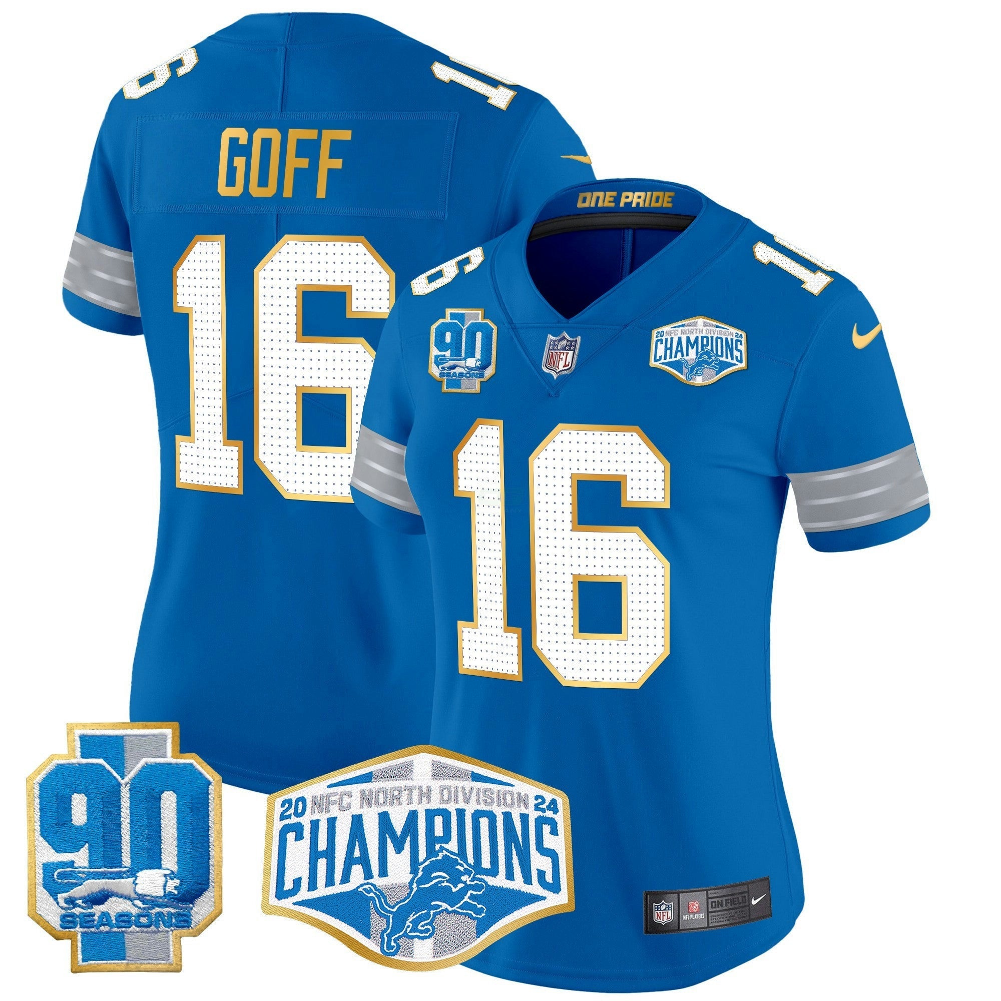 Camisa NFL Women’s Detroit 2024 NFC North Division Champions Patch Dourada Trim Vapor Limited Jersey