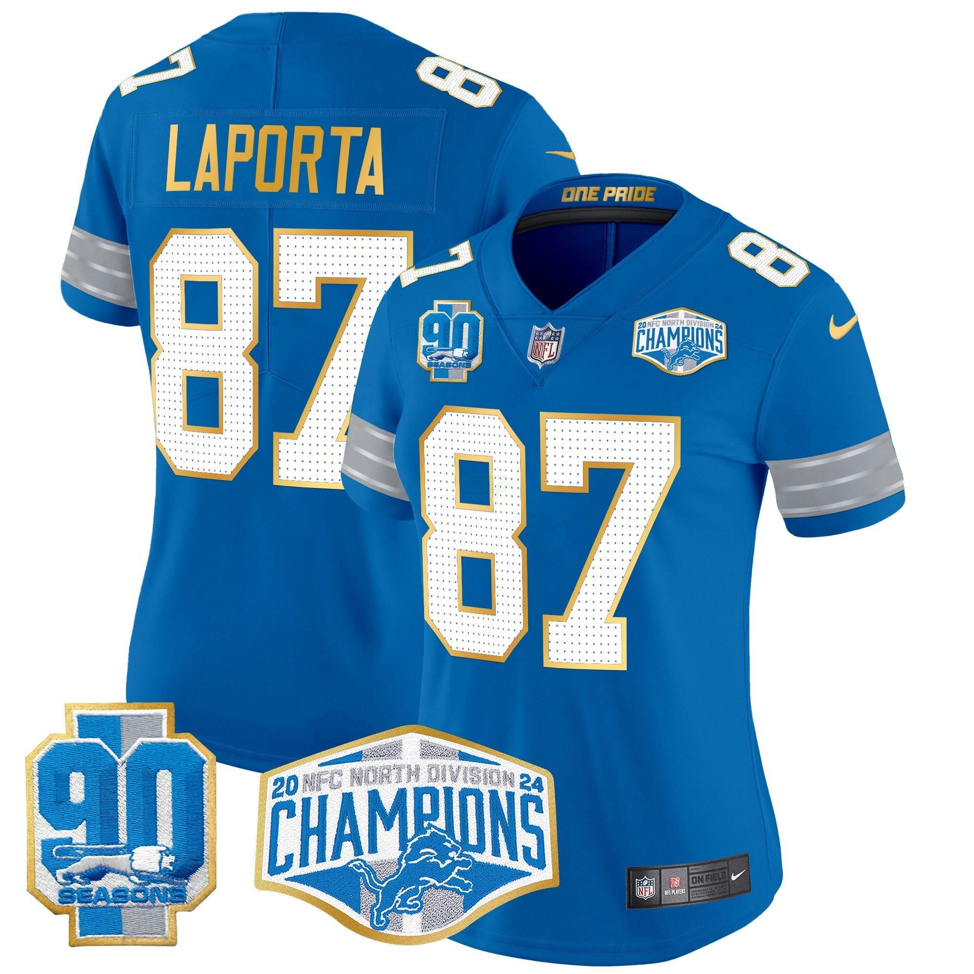 Camisa NFL Women’s Detroit 2024 NFC North Division Champions Patch Dourada Trim Vapor Limited Jersey