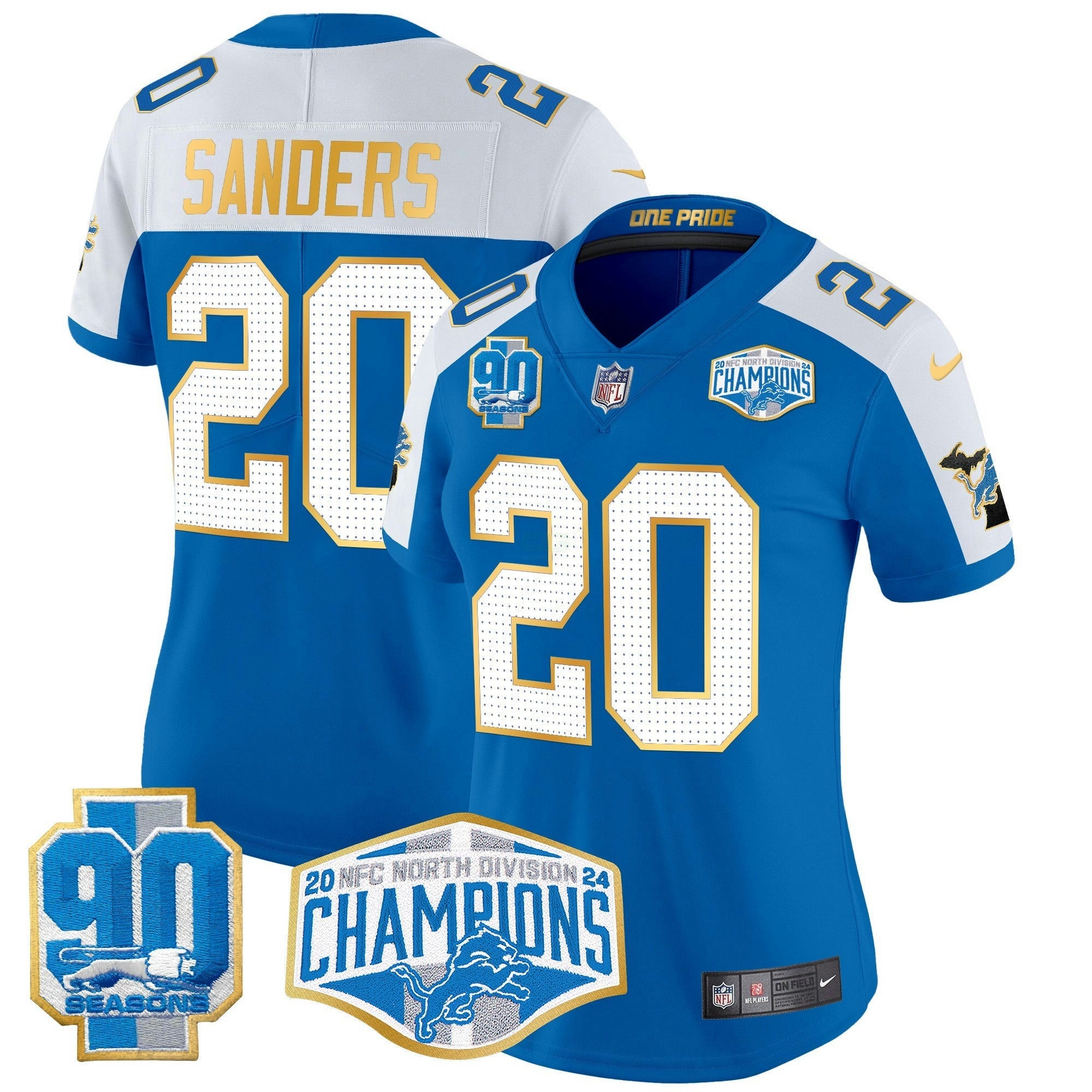 Camisa NFL Women’s Detroit 2024 NFC North Division Champions Patch Dourada Trim Vapor Limited Jersey