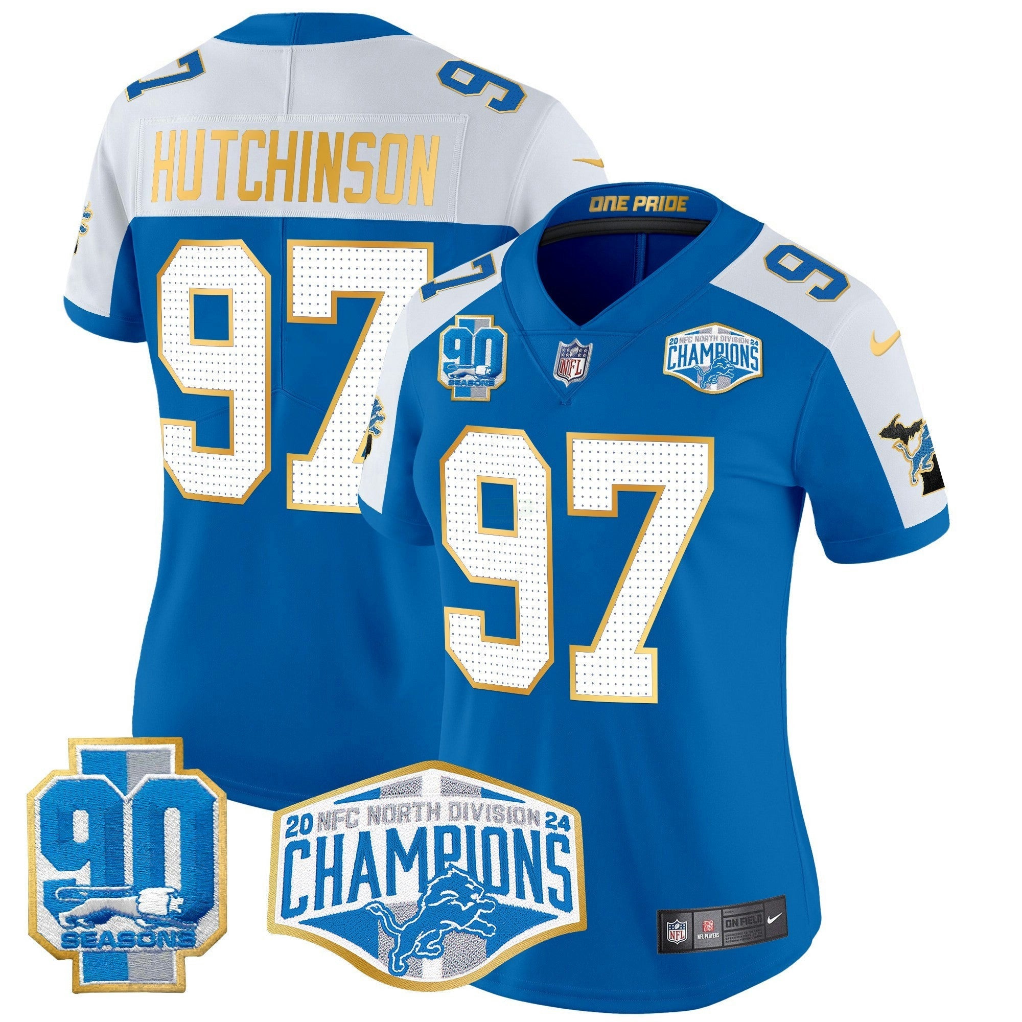 Camisa NFL Women’s Detroit 2024 NFC North Division Champions Patch Dourada Trim Vapor Limited Jersey