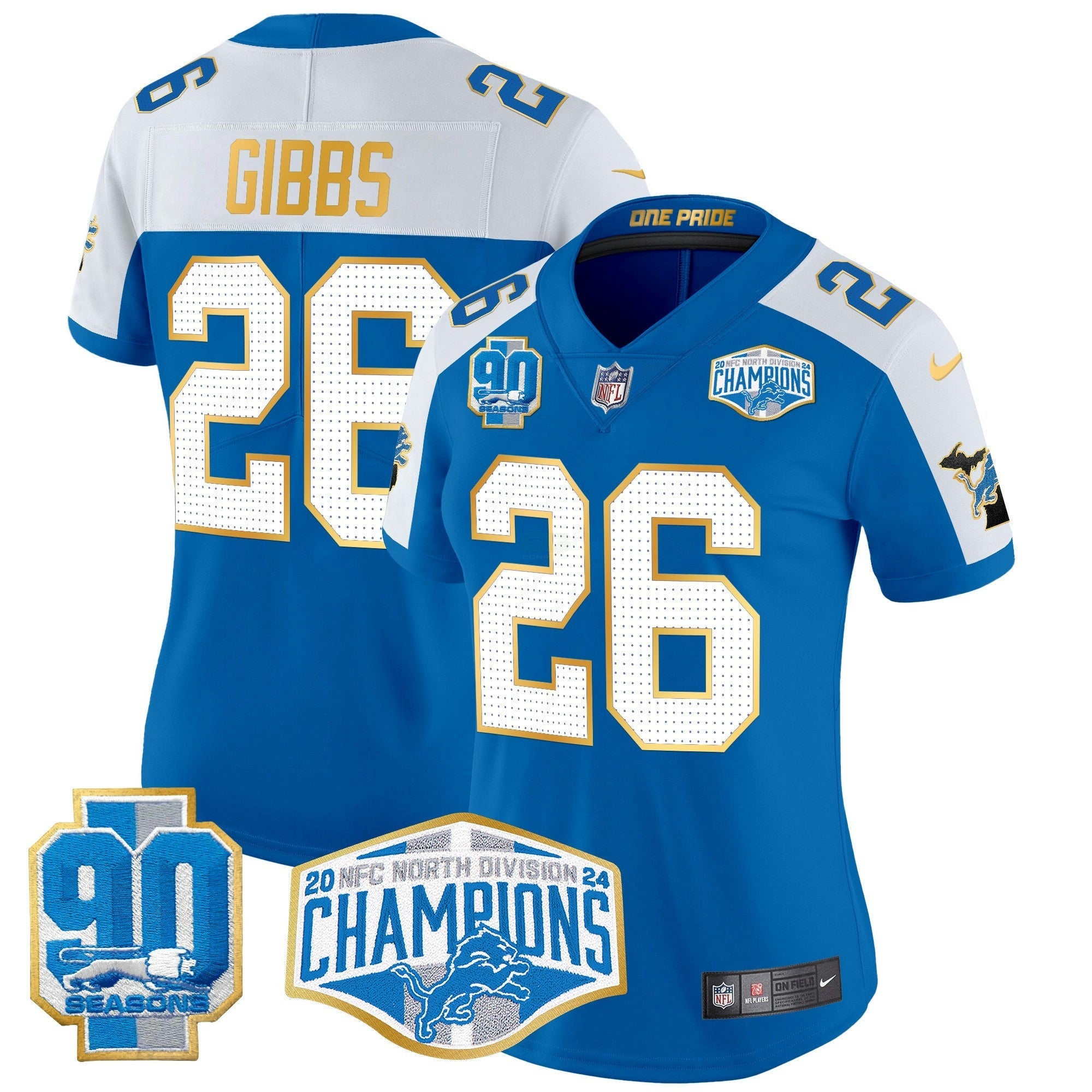 Camisa NFL Women’s Detroit 2024 NFC North Division Champions Patch Dourada Trim Vapor Limited Jersey