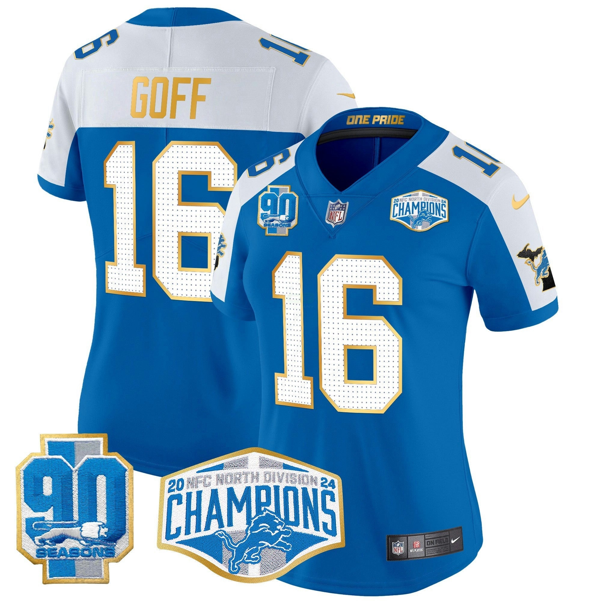 Camisa NFL Women’s Detroit 2024 NFC North Division Champions Patch Dourada Trim Vapor Limited Jersey