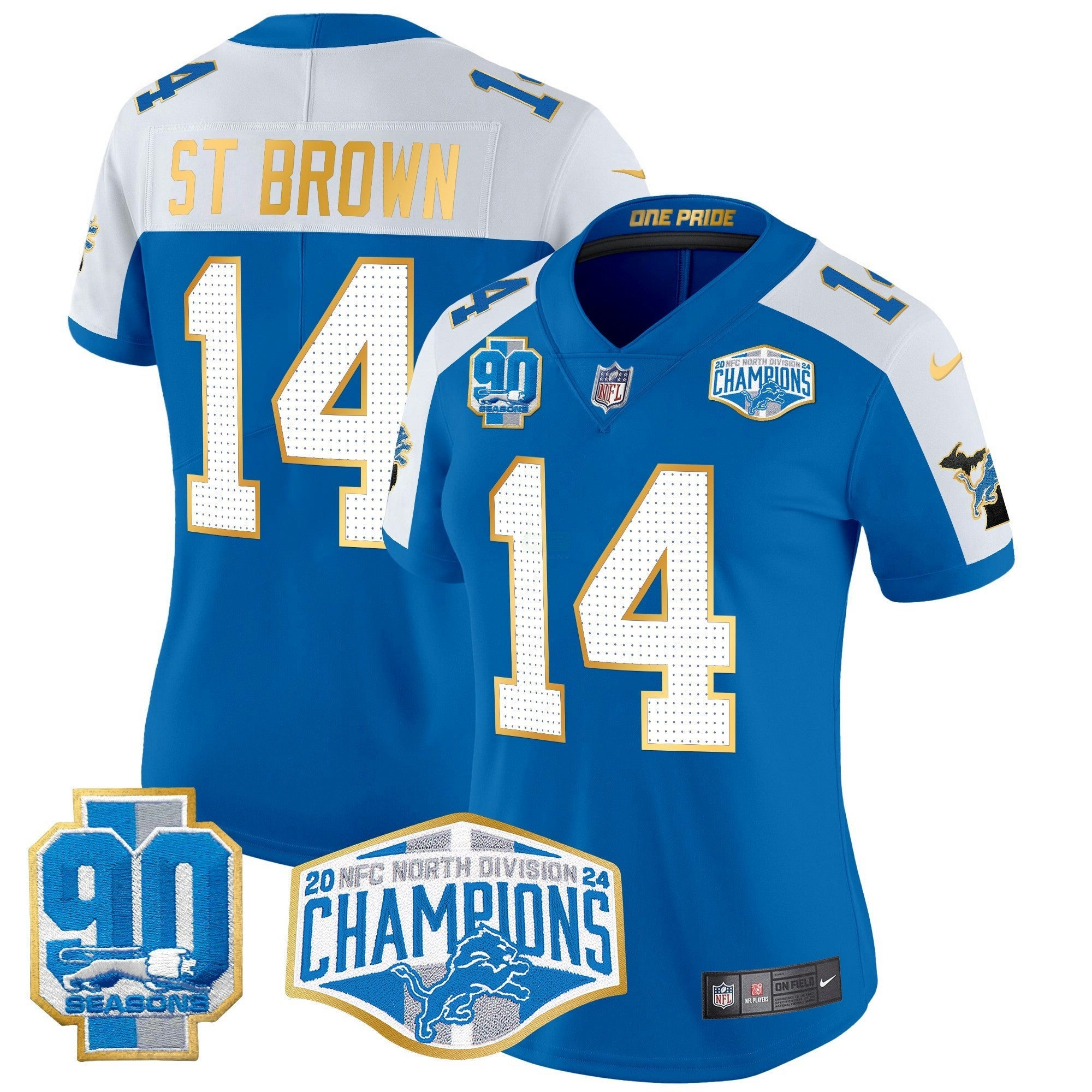 Camisa NFL Women’s Detroit 2024 NFC North Division Champions Patch Dourada Trim Vapor Limited Jersey