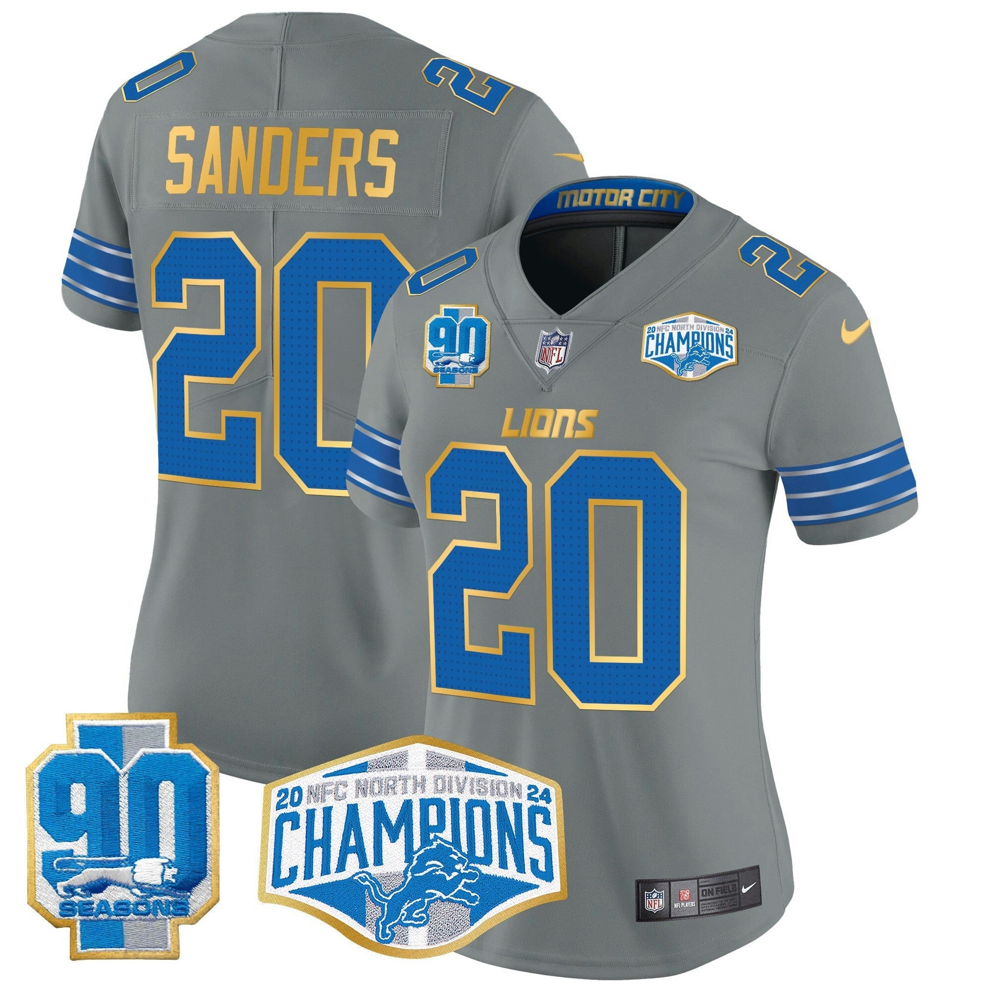 Camisa NFL Women’s Detroit 2024 NFC North Division Champions Patch Dourada Trim Vapor Limited Jersey