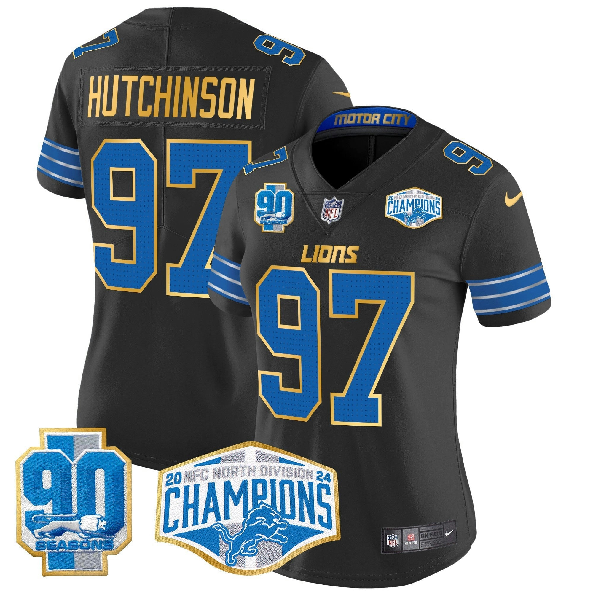 Camisa NFL Women’s Detroit 2024 NFC North Division Champions Patch Dourada Trim Vapor Limited Jersey