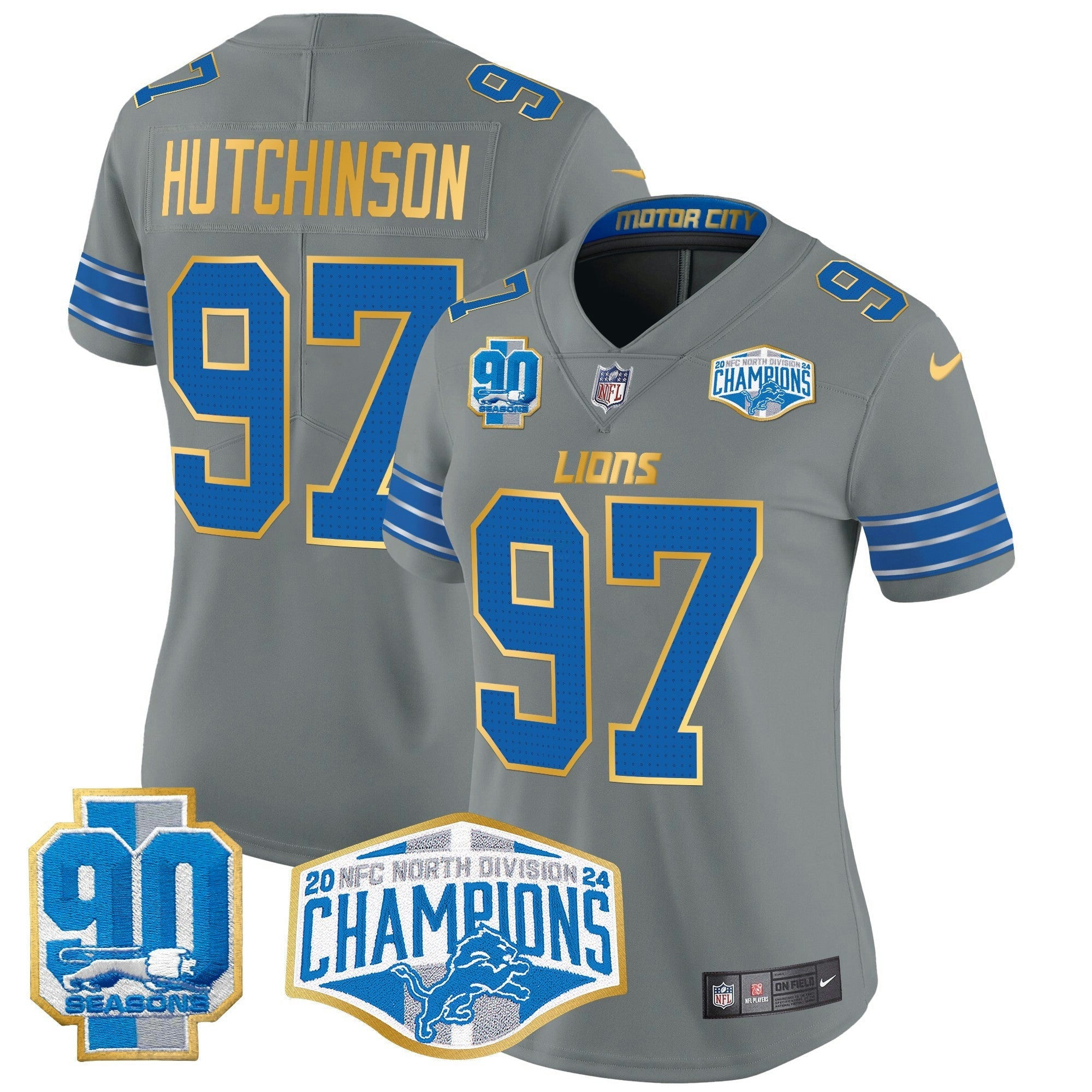 Camisa NFL Women’s Detroit 2024 NFC North Division Champions Patch Dourada Trim Vapor Limited Jersey