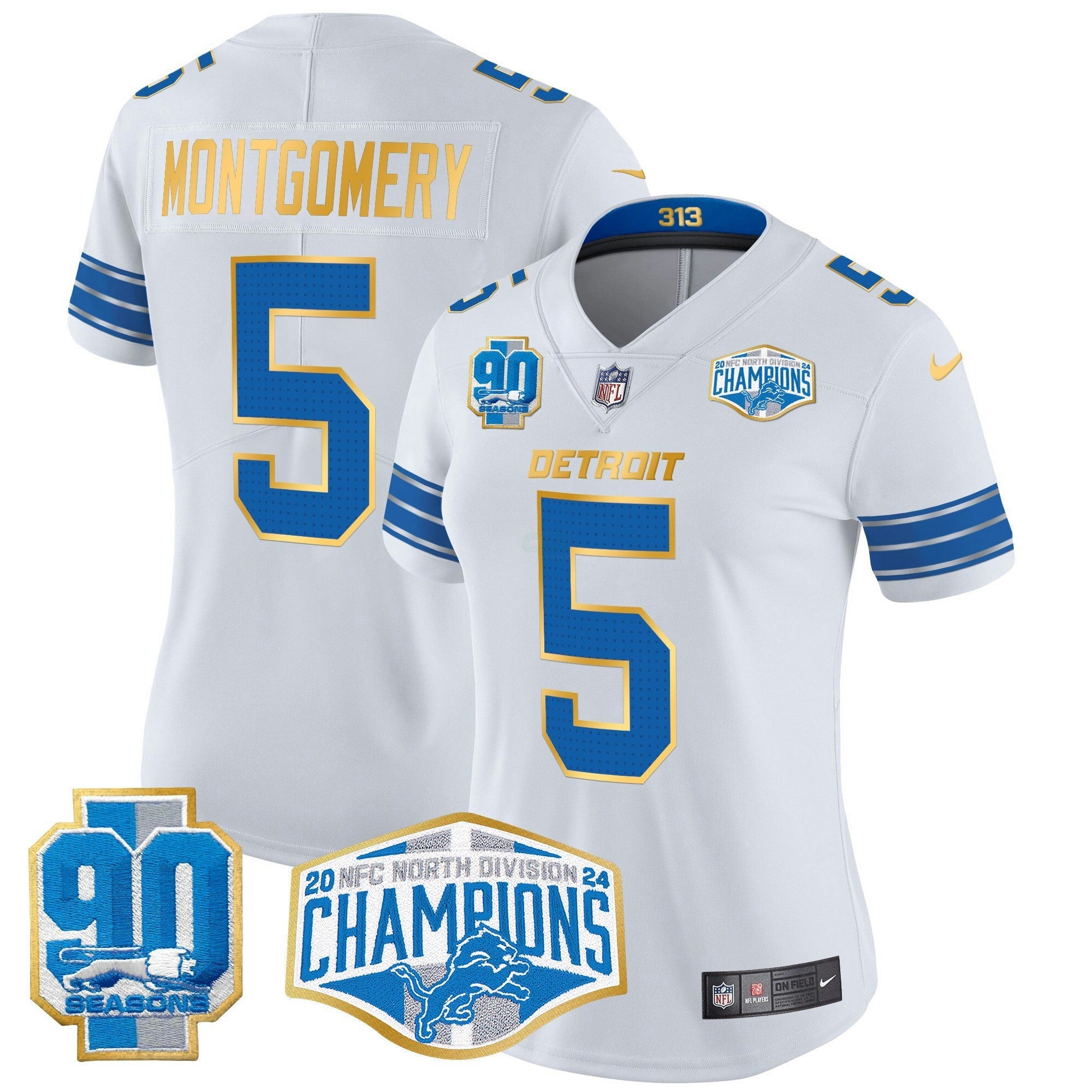 Camisa NFL Women’s Detroit 2024 NFC North Division Champions Patch Dourada Trim Vapor Limited Jersey