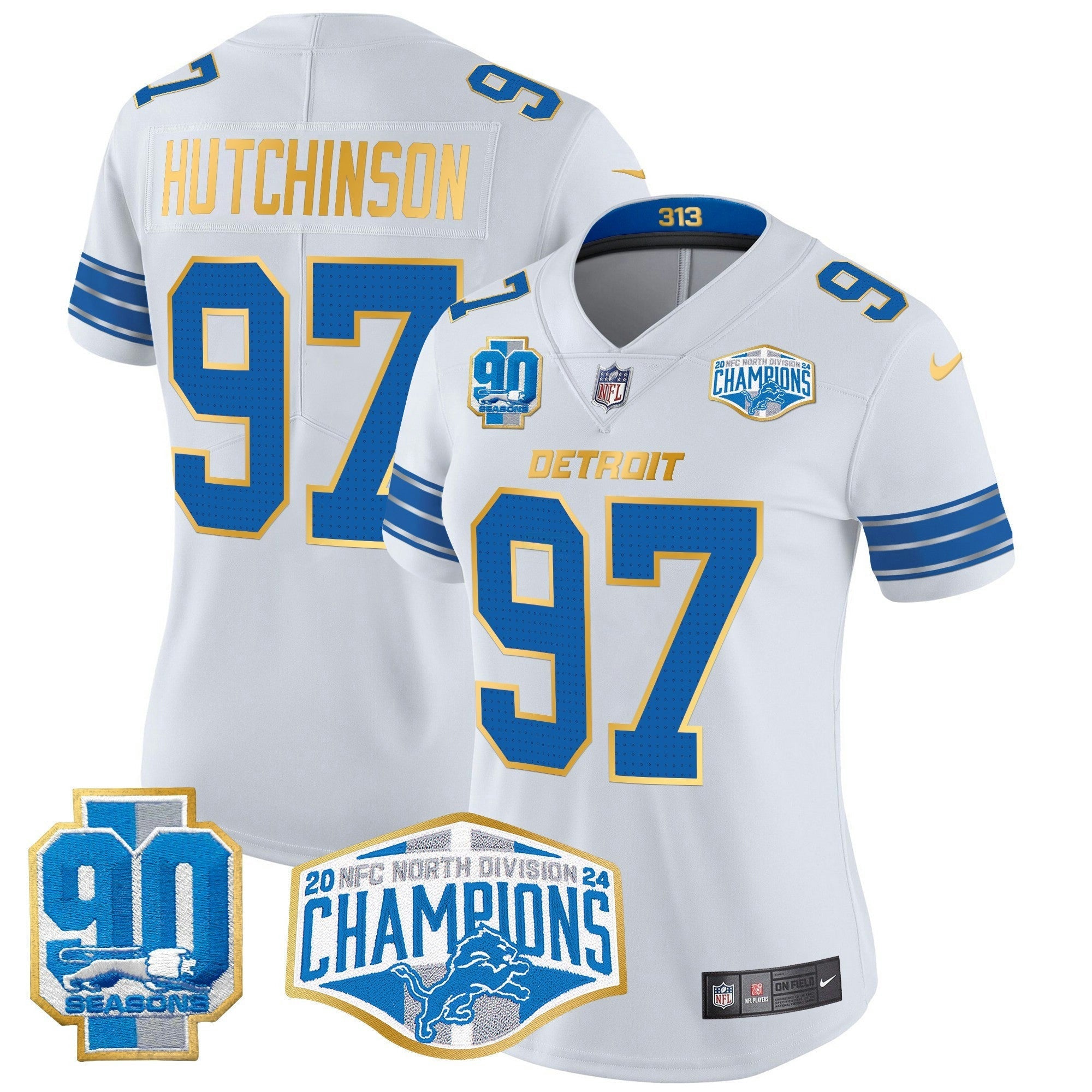 Camisa NFL Women’s Detroit 2024 NFC North Division Champions Patch Dourada Trim Vapor Limited Jersey