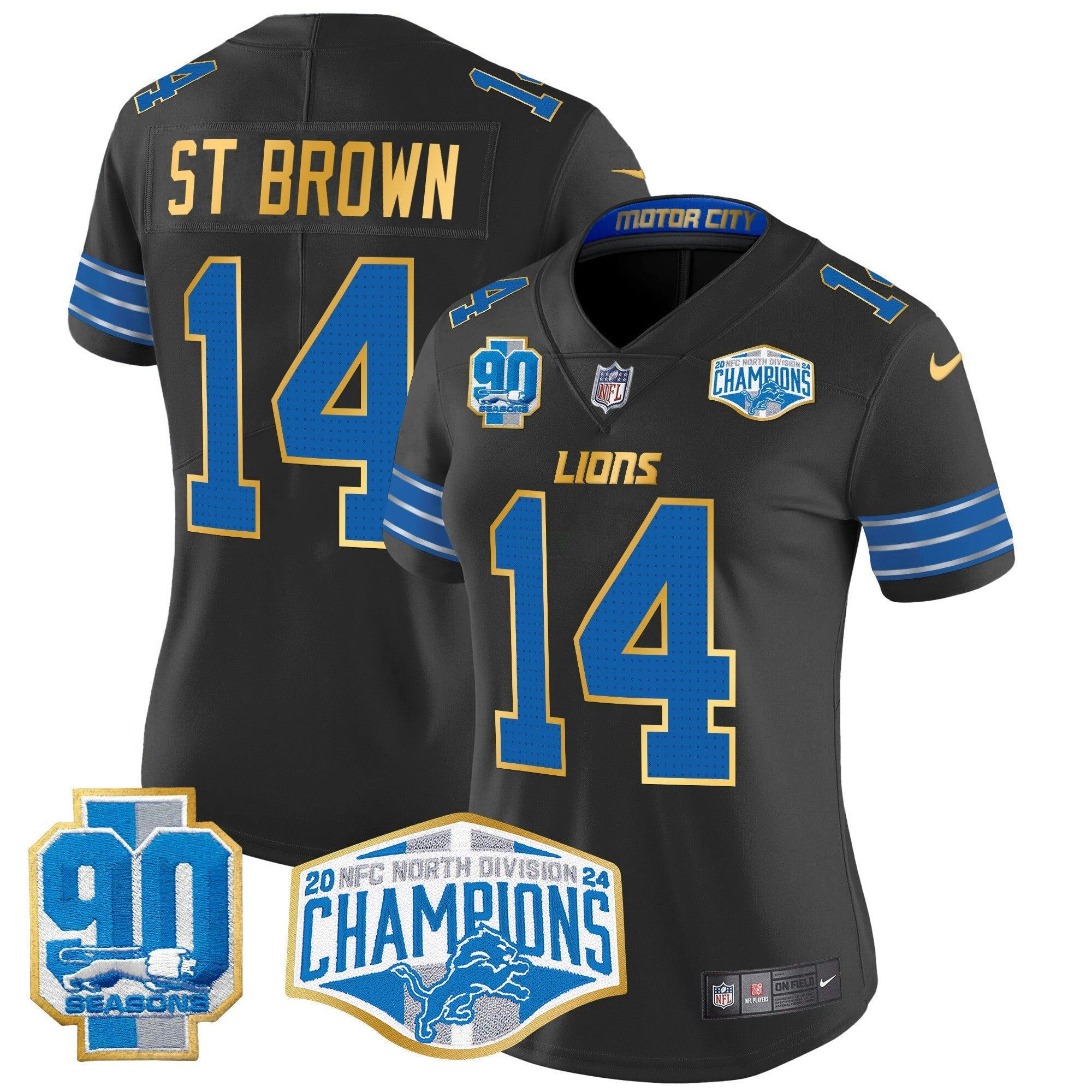 Camisa NFL Women’s Detroit 2024 NFC North Division Champions Patch Dourada Trim Vapor Limited Jersey