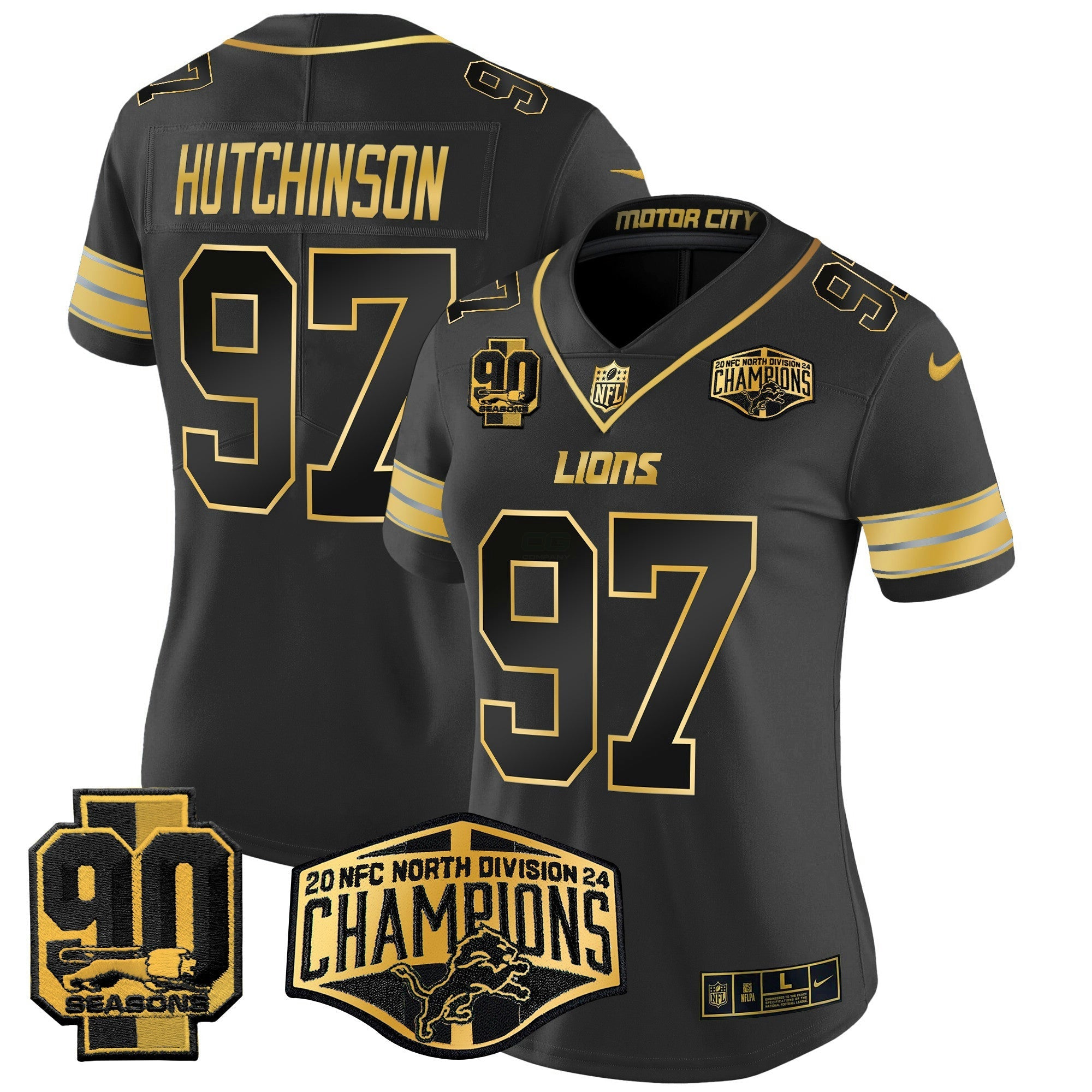 Camisa NFL Women’s Detroit 2024 NFC North Division Champions Patch Dourada Vapor Limited Jersey